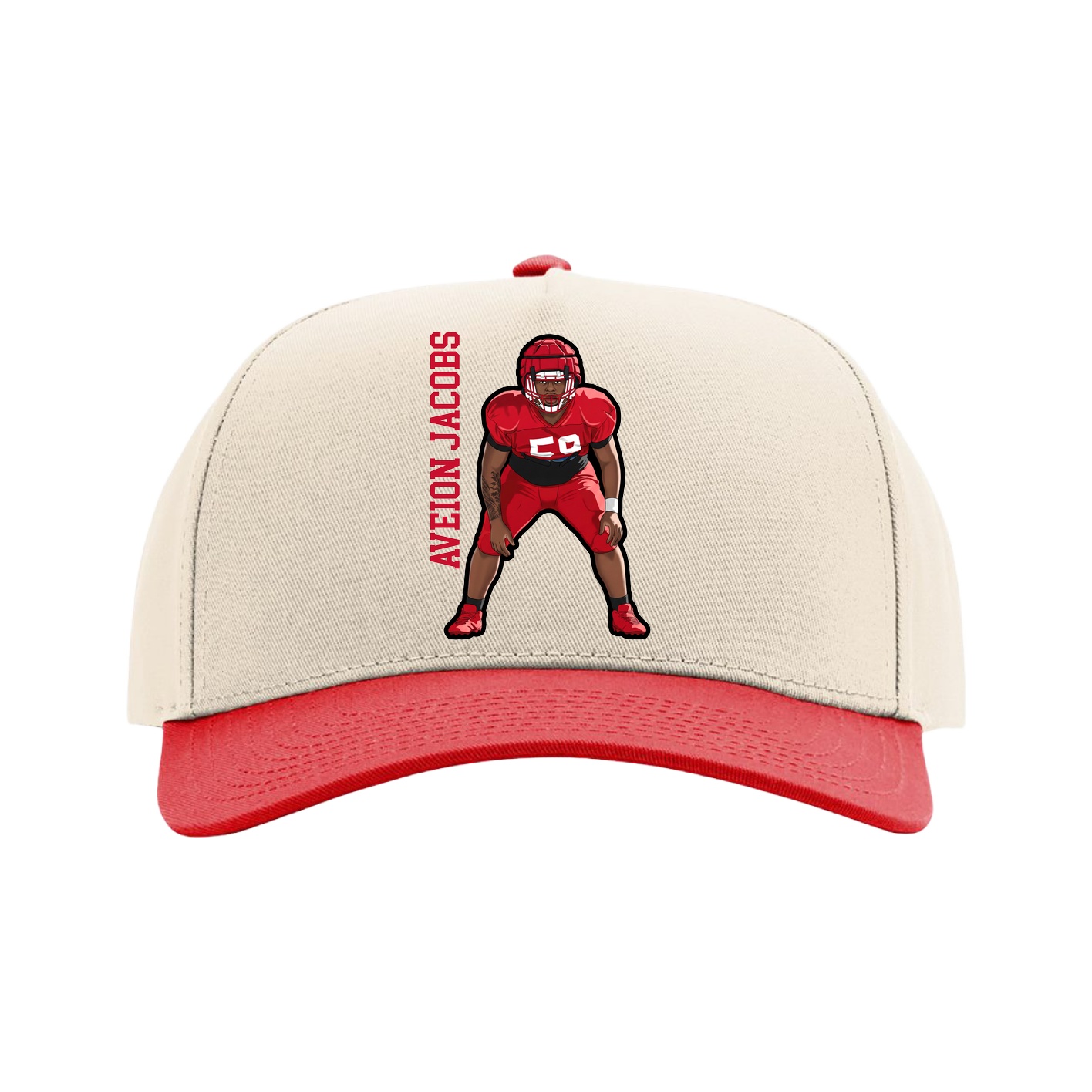 Full Fabric Five-Panel Champ Cap — Name Vertical in Cream/Red
