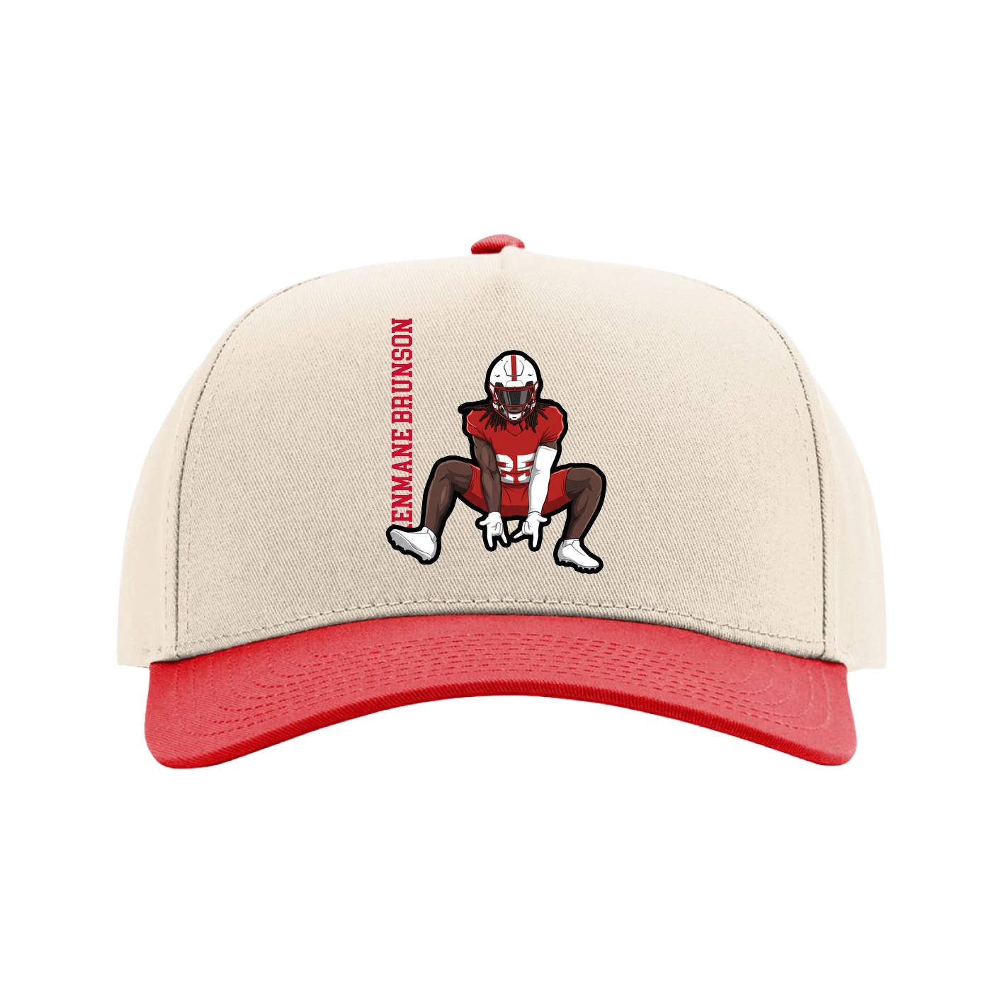 Full Fabric Five-Panel Champ Cap — Name Vertical in Cream/Red
