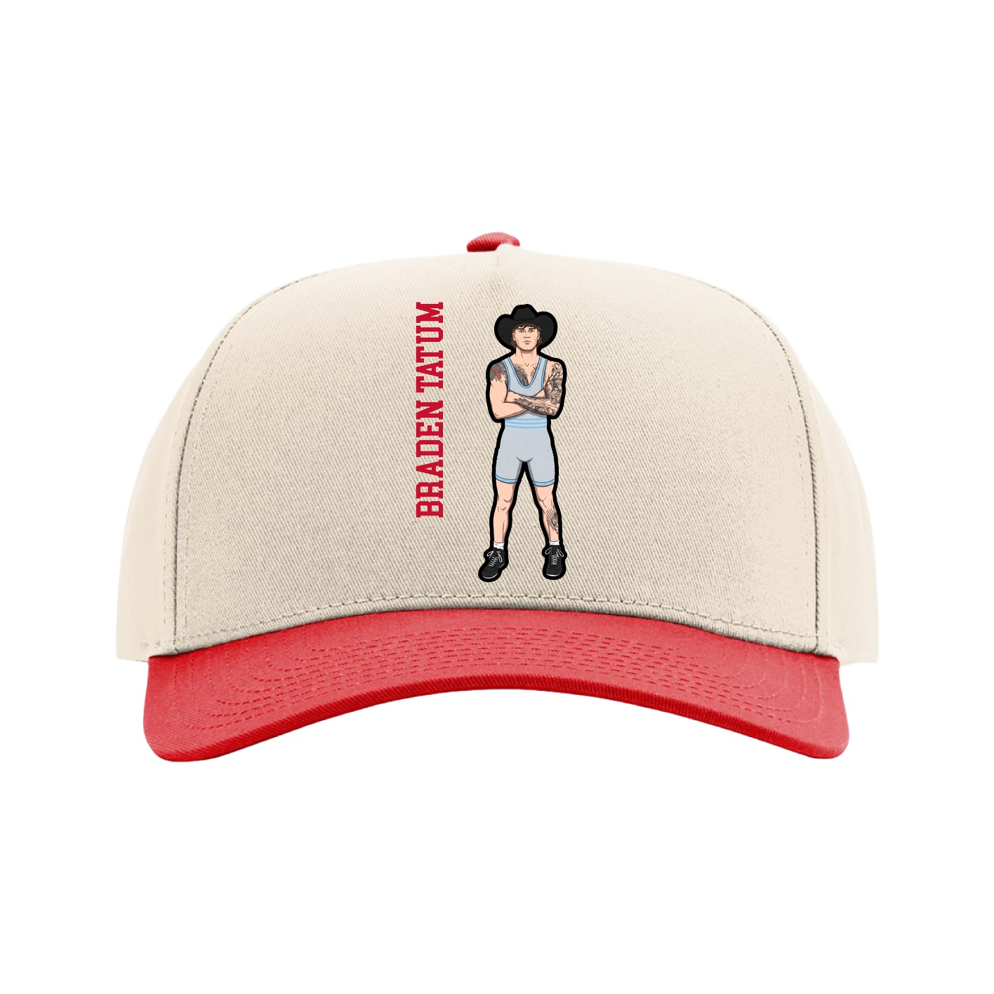 Full Fabric Five-Panel Champ Cap — Name Vertical in Cream/Red