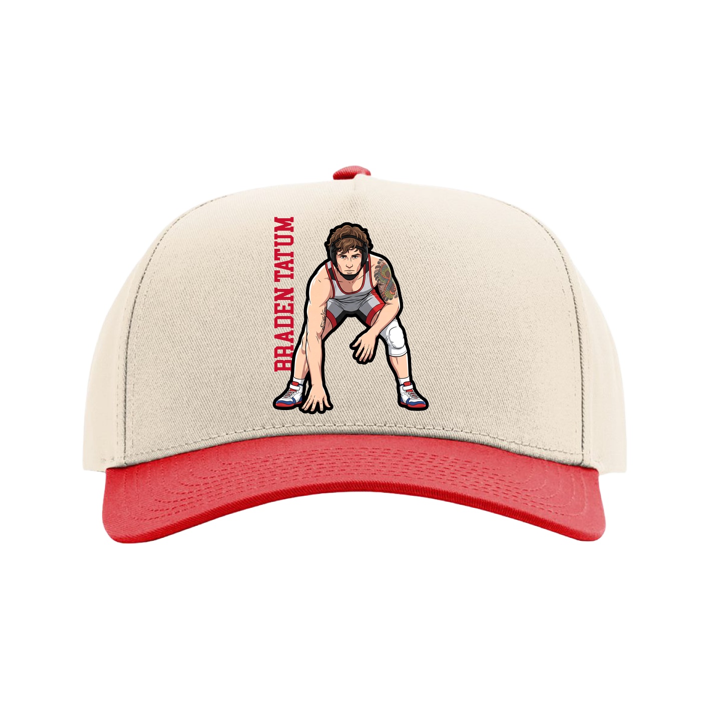 Full Fabric Five-Panel Champ Cap — Name Vertical in Cream/Red