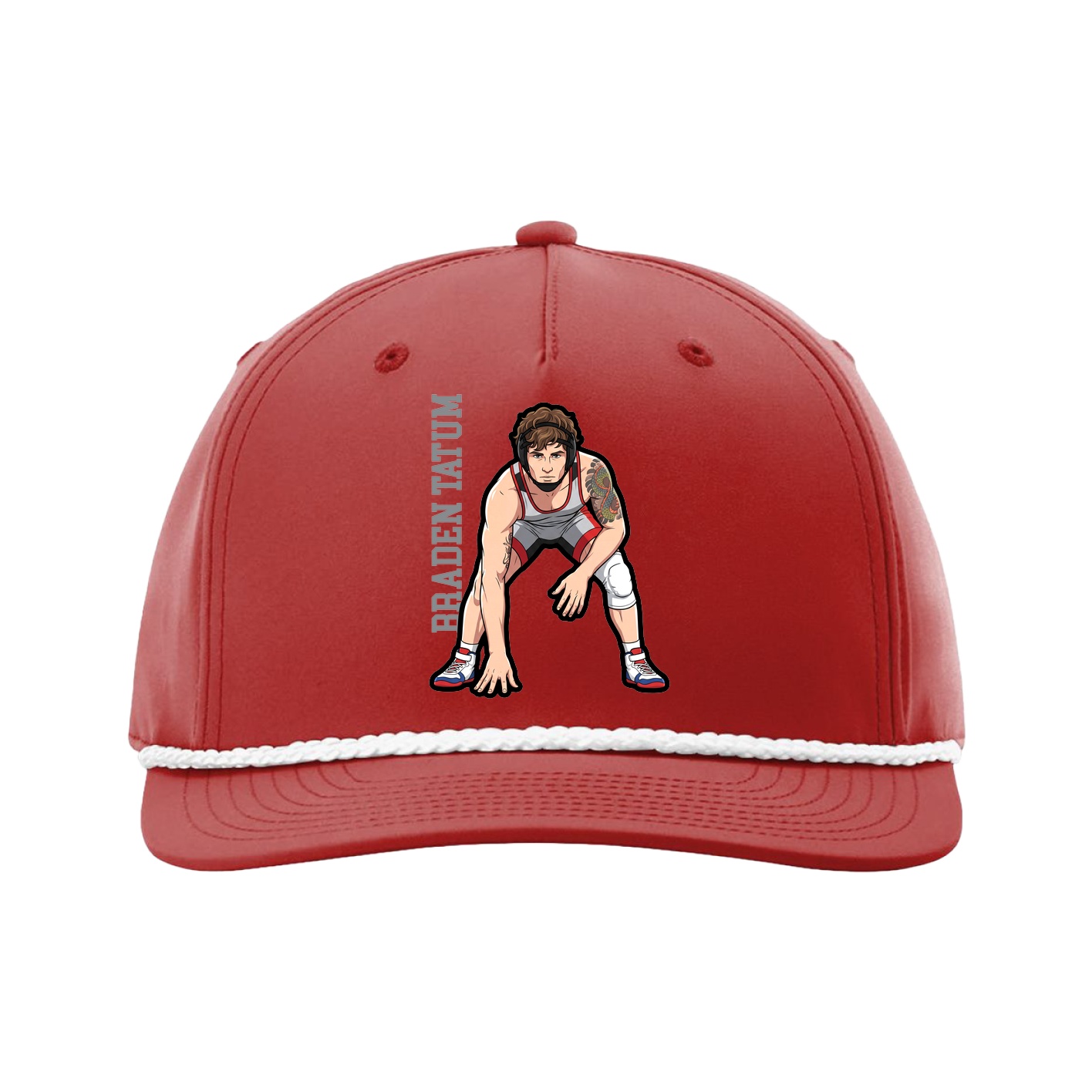 Five-Panel Classic Rope Cap — Name Vertical in Red