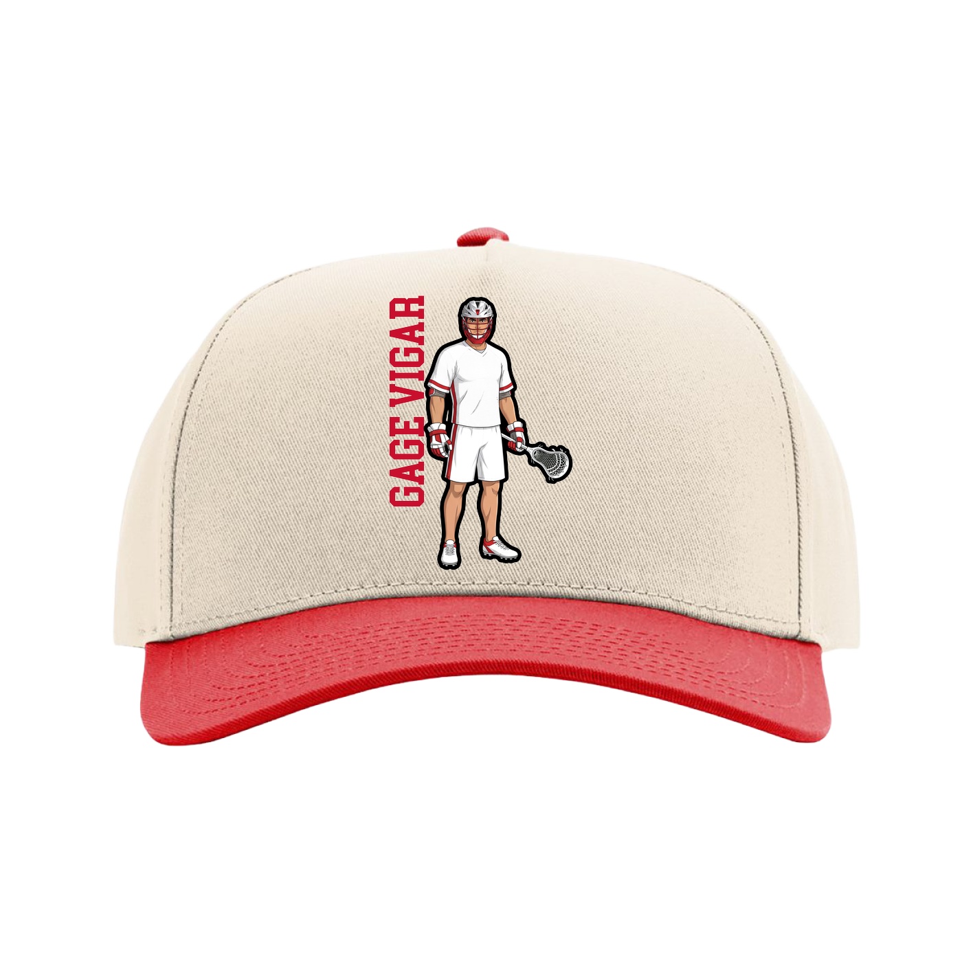 Full Fabric Five-Panel Champ Cap — Name Vertical in Cream/Red