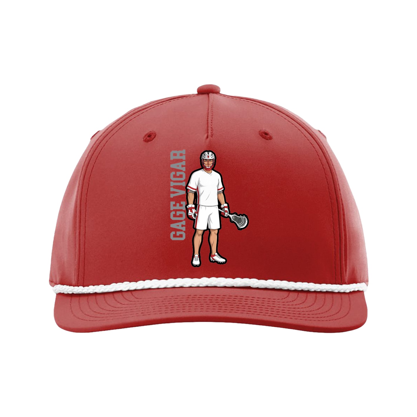 Five-Panel Classic Rope Cap — Name Vertical in Red