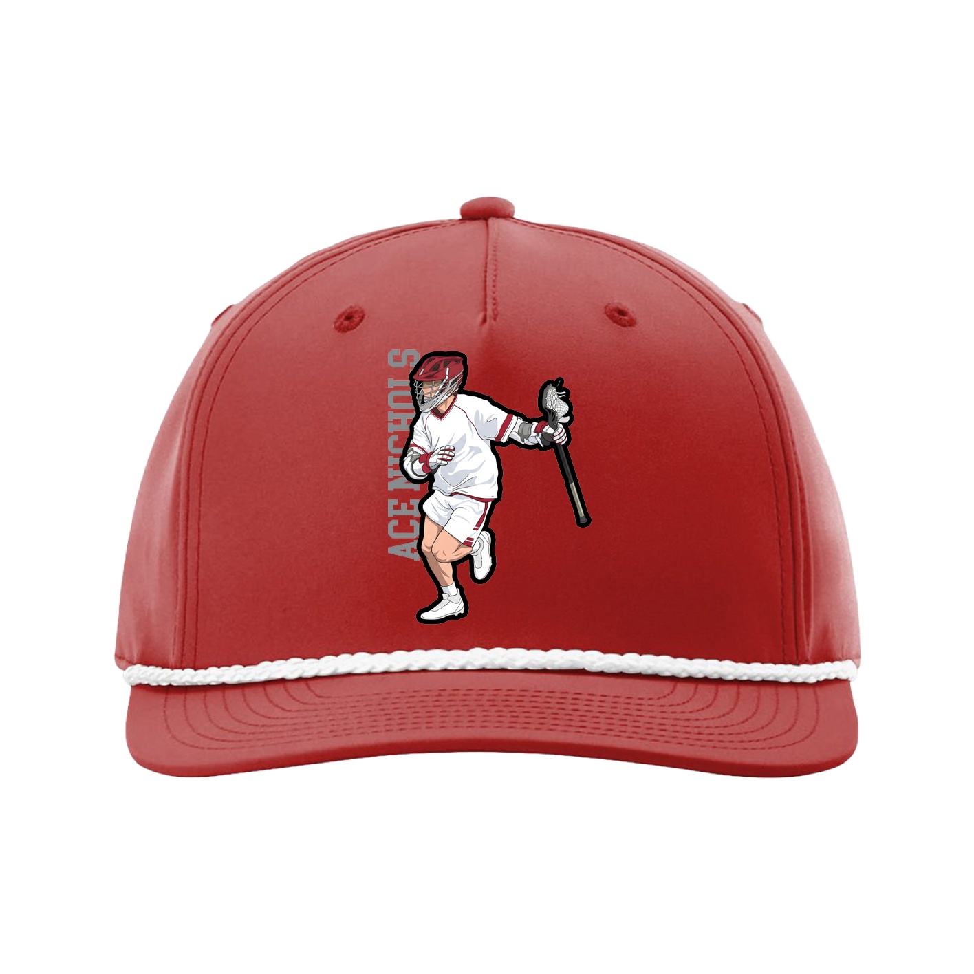 Five-Panel Classic Rope Cap — Name Vertical in Red