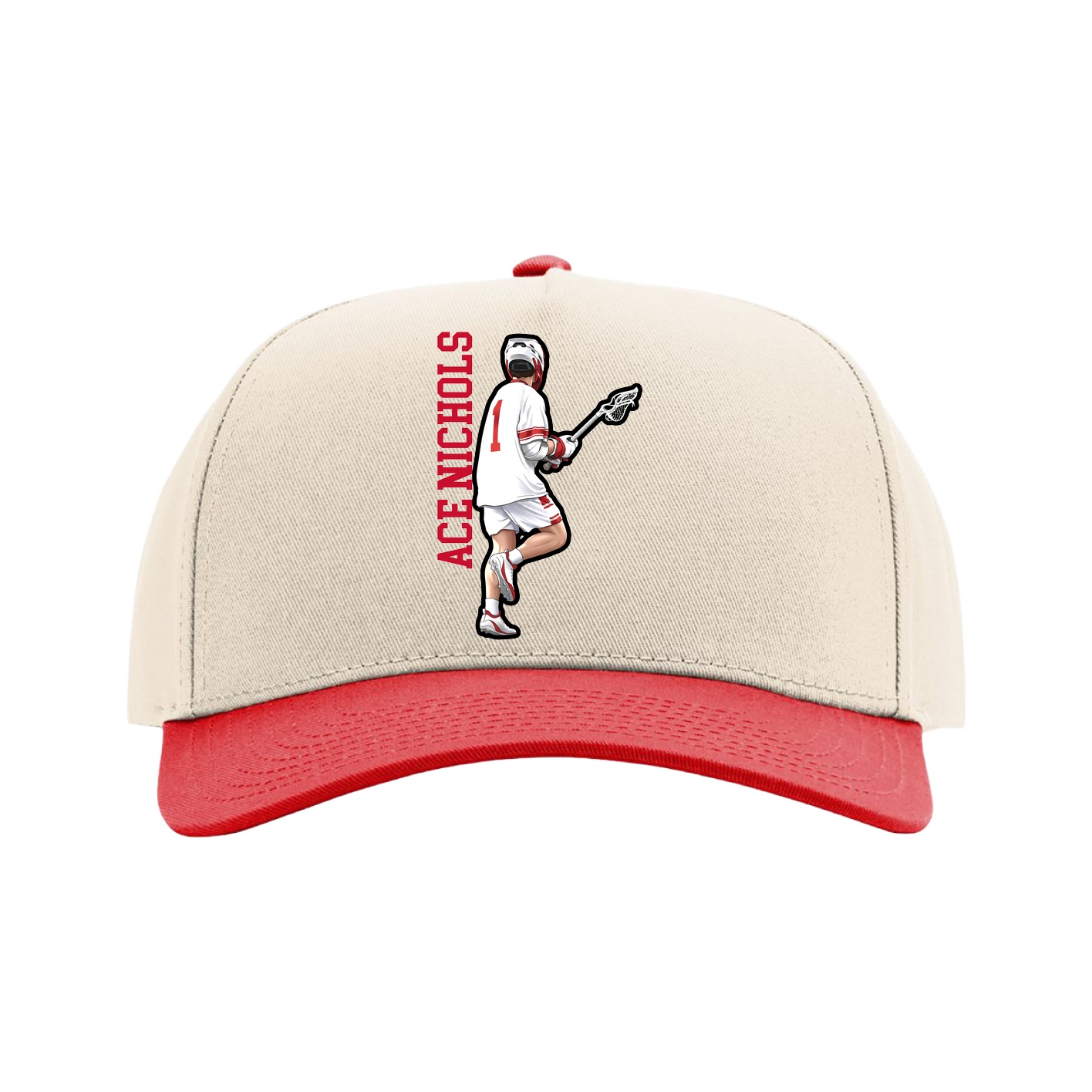 Full Fabric Five-Panel Champ Cap — Name Vertical in Cream/Red