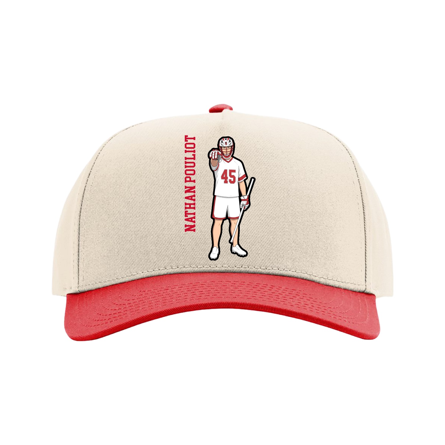 Full Fabric Five-Panel Champ Cap — Name Vertical in Cream/Red