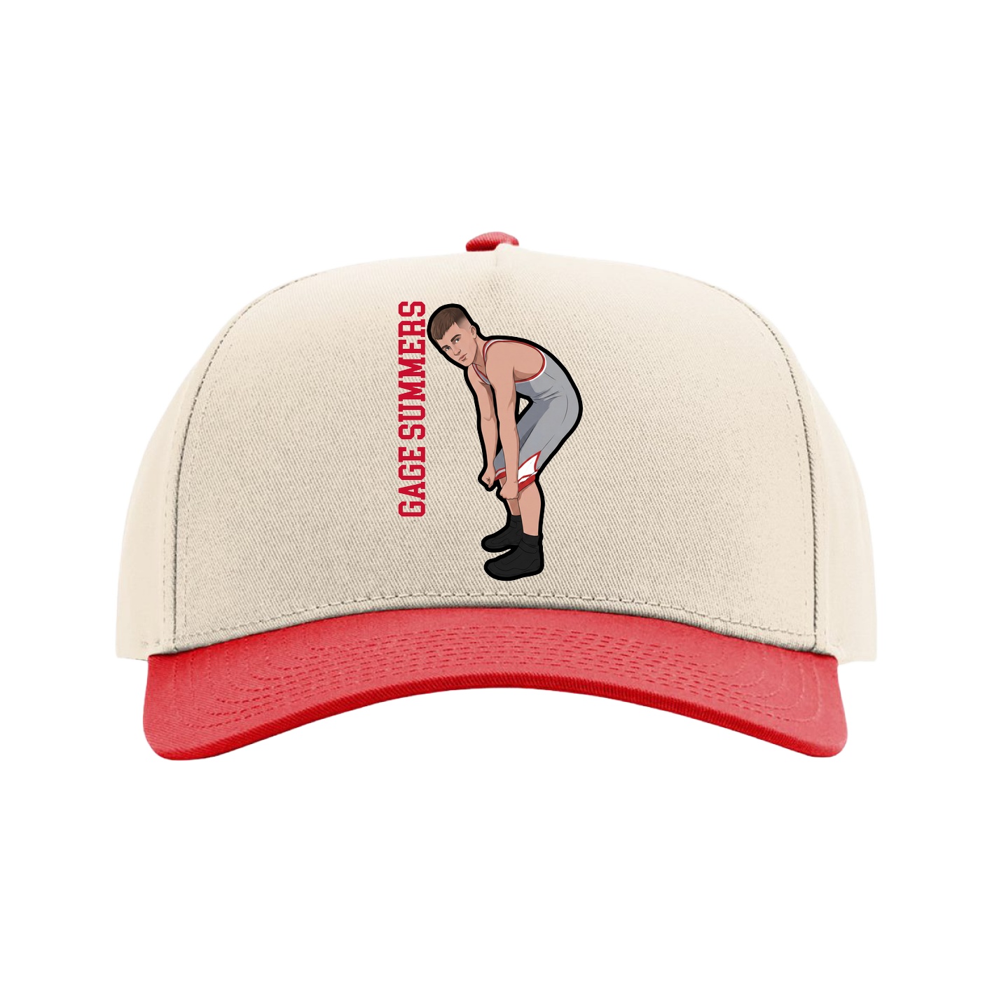 Full Fabric Five-Panel Champ Cap — Name Vertical in Cream/Red