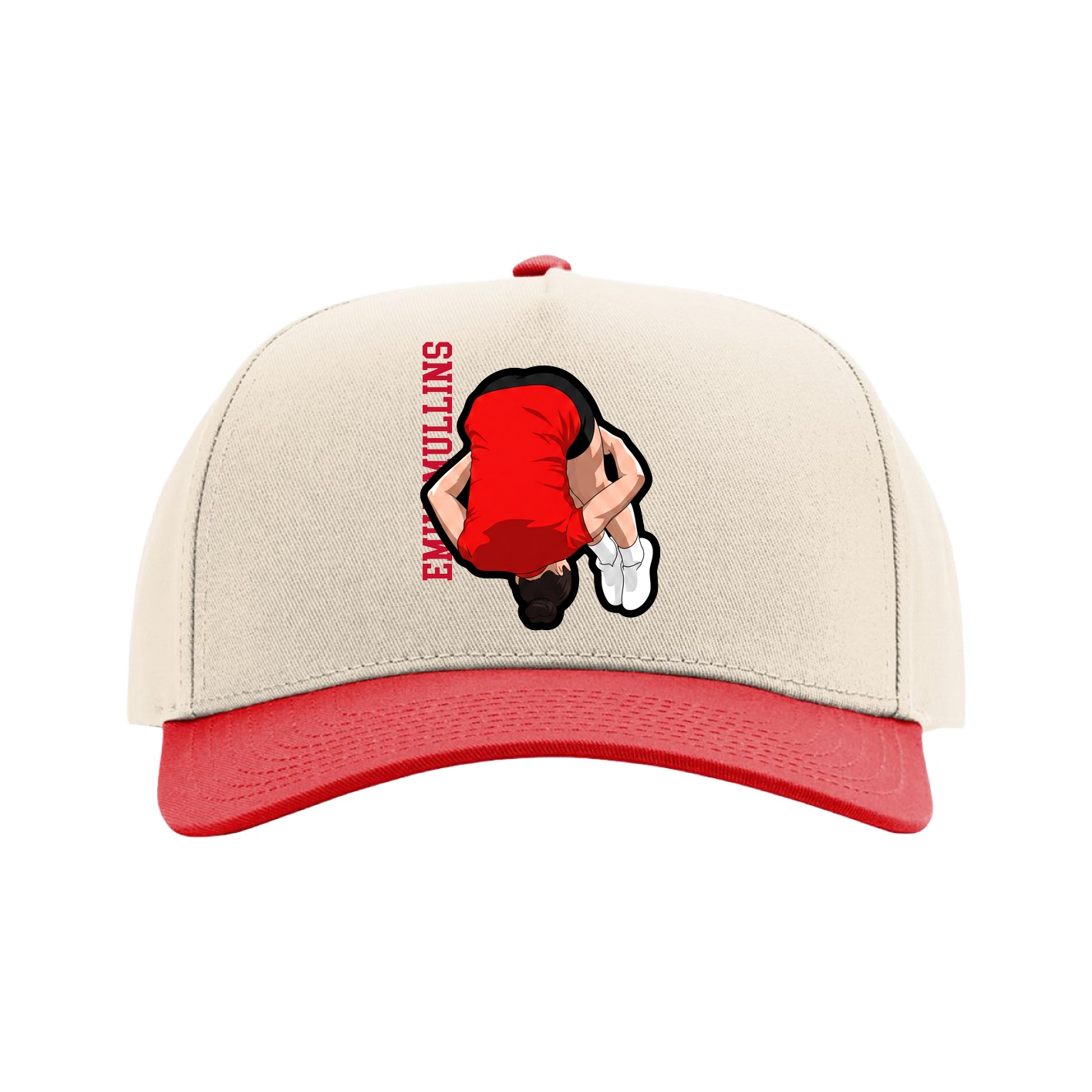 Full Fabric Five-Panel Champ Cap — Name Vertical in Cream/Red