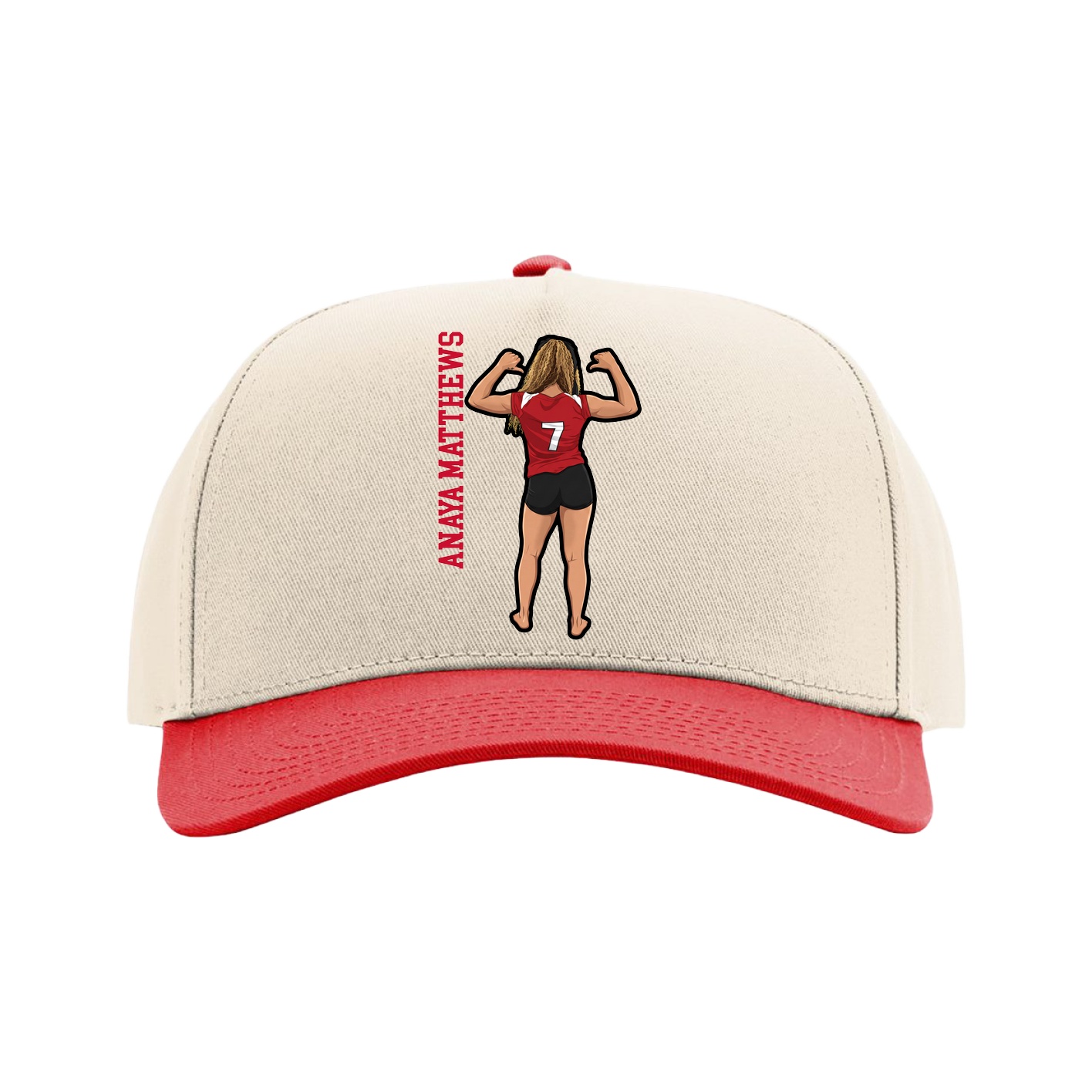 Full Fabric Five-Panel Champ Cap — Name Vertical in Cream/Red