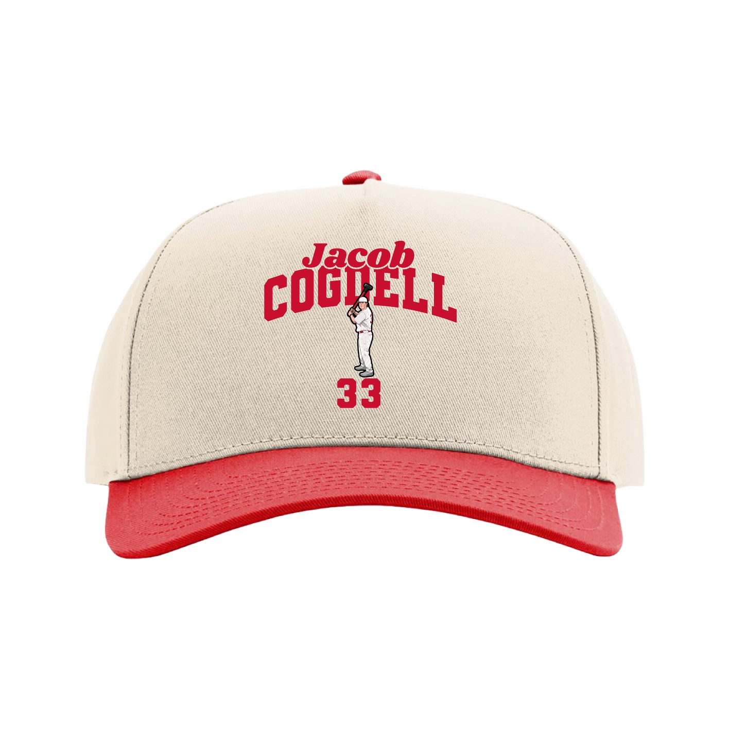 Full Fabric Five-Panel Champ Cap — Signature Arch in Cream/Red