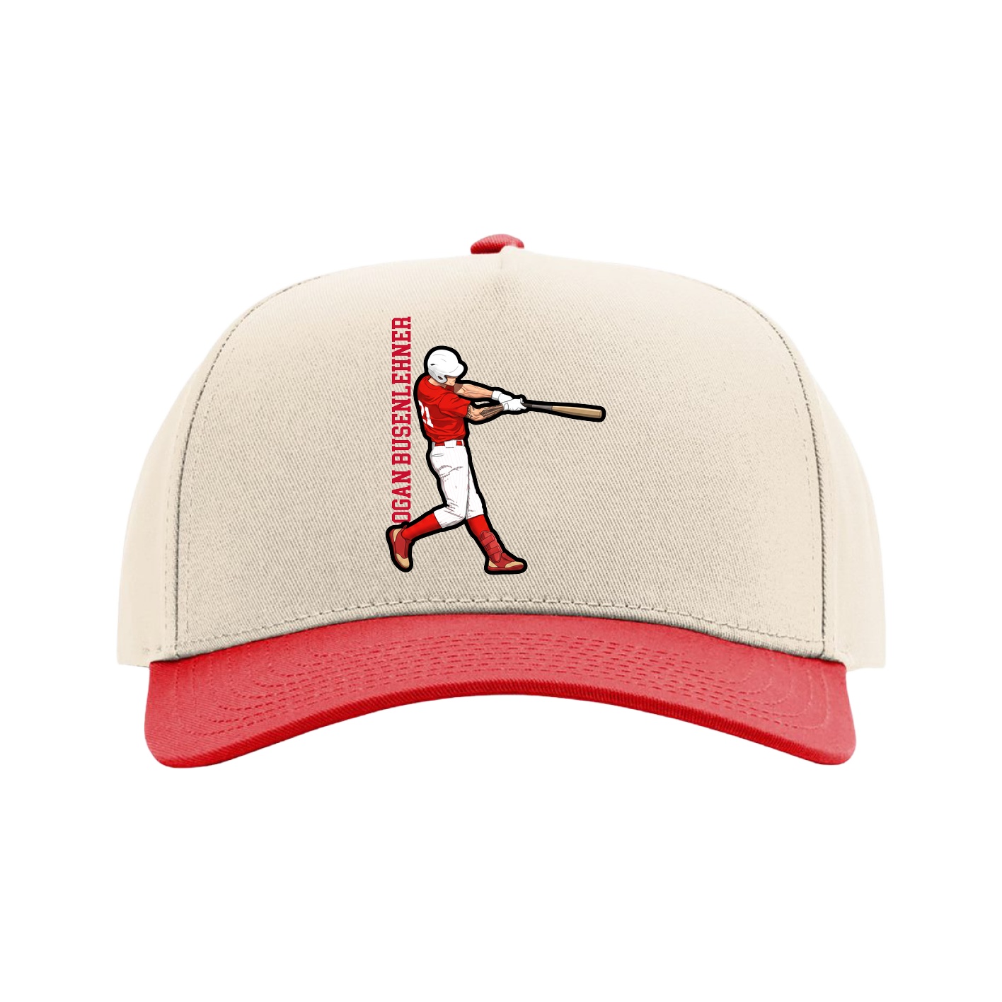 Full Fabric Five-Panel Champ Cap — Name Vertical in Cream/Red