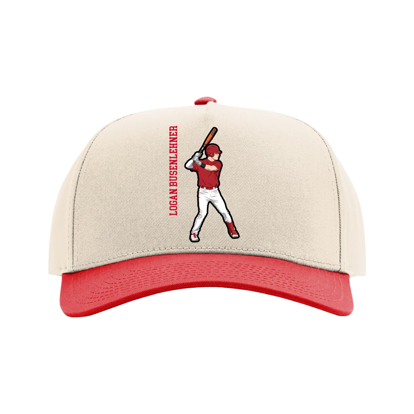 Full Fabric Five-Panel Champ Cap — Name Vertical in Cream/Red