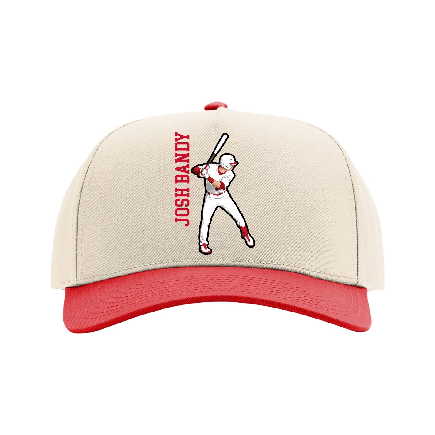 Full Fabric Five-Panel Champ Cap — Name Vertical in Cream/Red