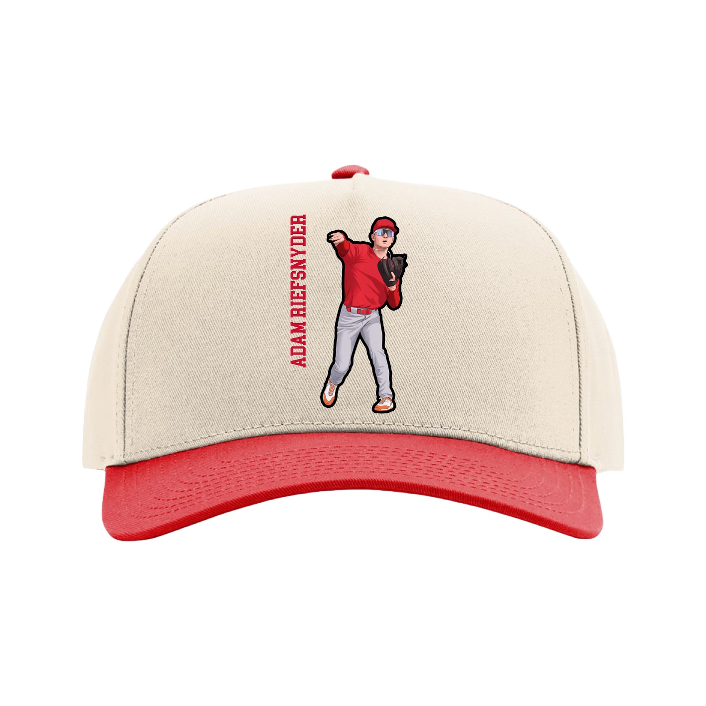 Full Fabric Five-Panel Champ Cap — Name Vertical in Cream/Red