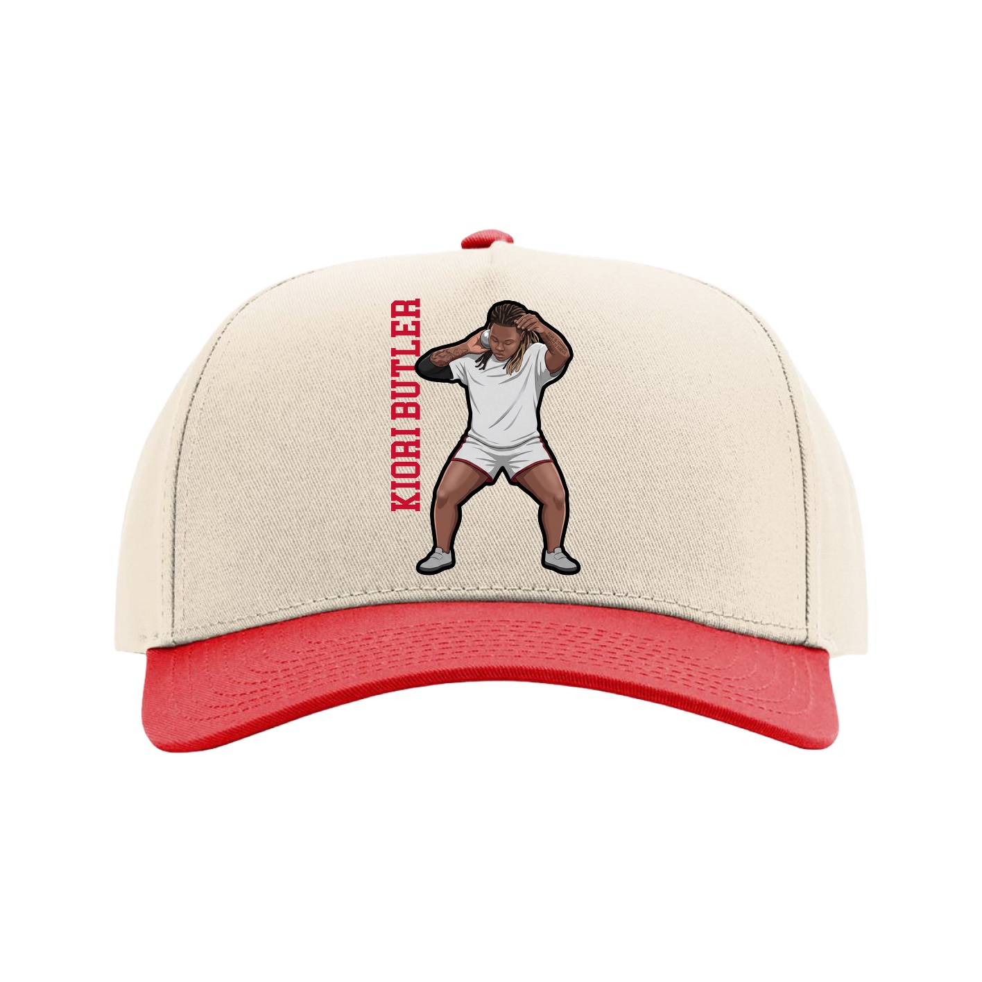 Full Fabric Five-Panel Champ Cap — Name Vertical in Cream/Red