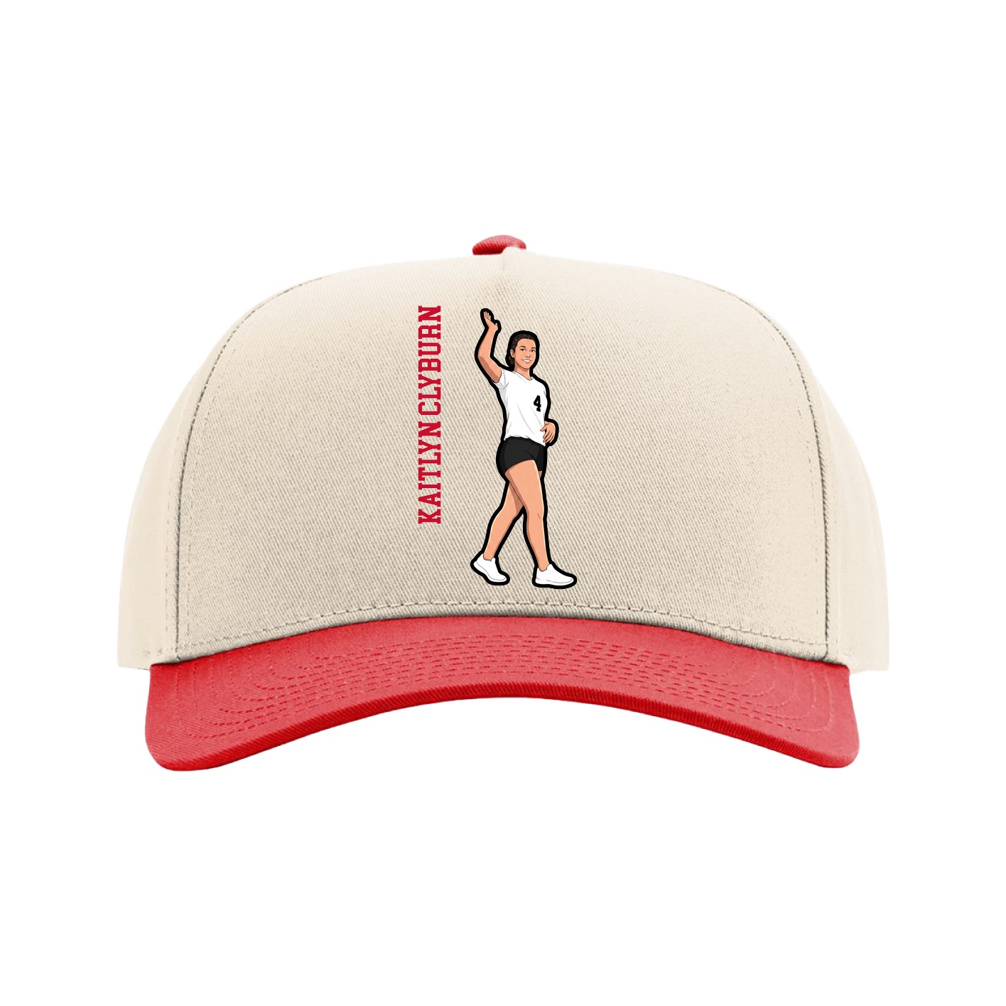 Full Fabric Five-Panel Champ Cap — Name Vertical in Cream/Red