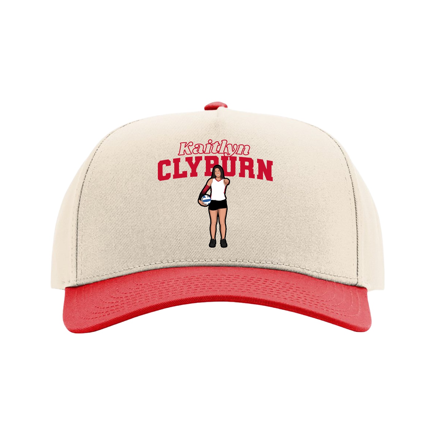 Full Fabric Five-Panel Champ Cap — Name Arch in Cream/Red