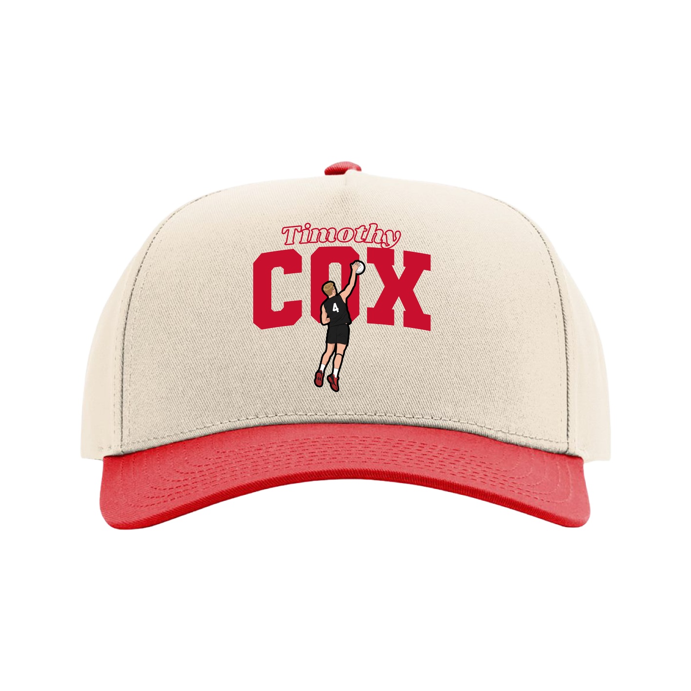 Full Fabric Five-Panel Champ Cap — Name Arch in Cream/Red