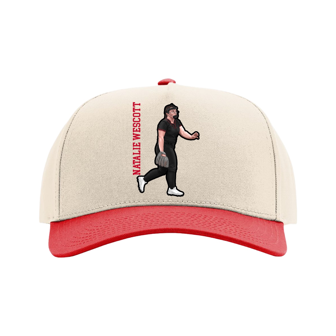 Full Fabric Five-Panel Champ Cap — Name Vertical in Cream/Red