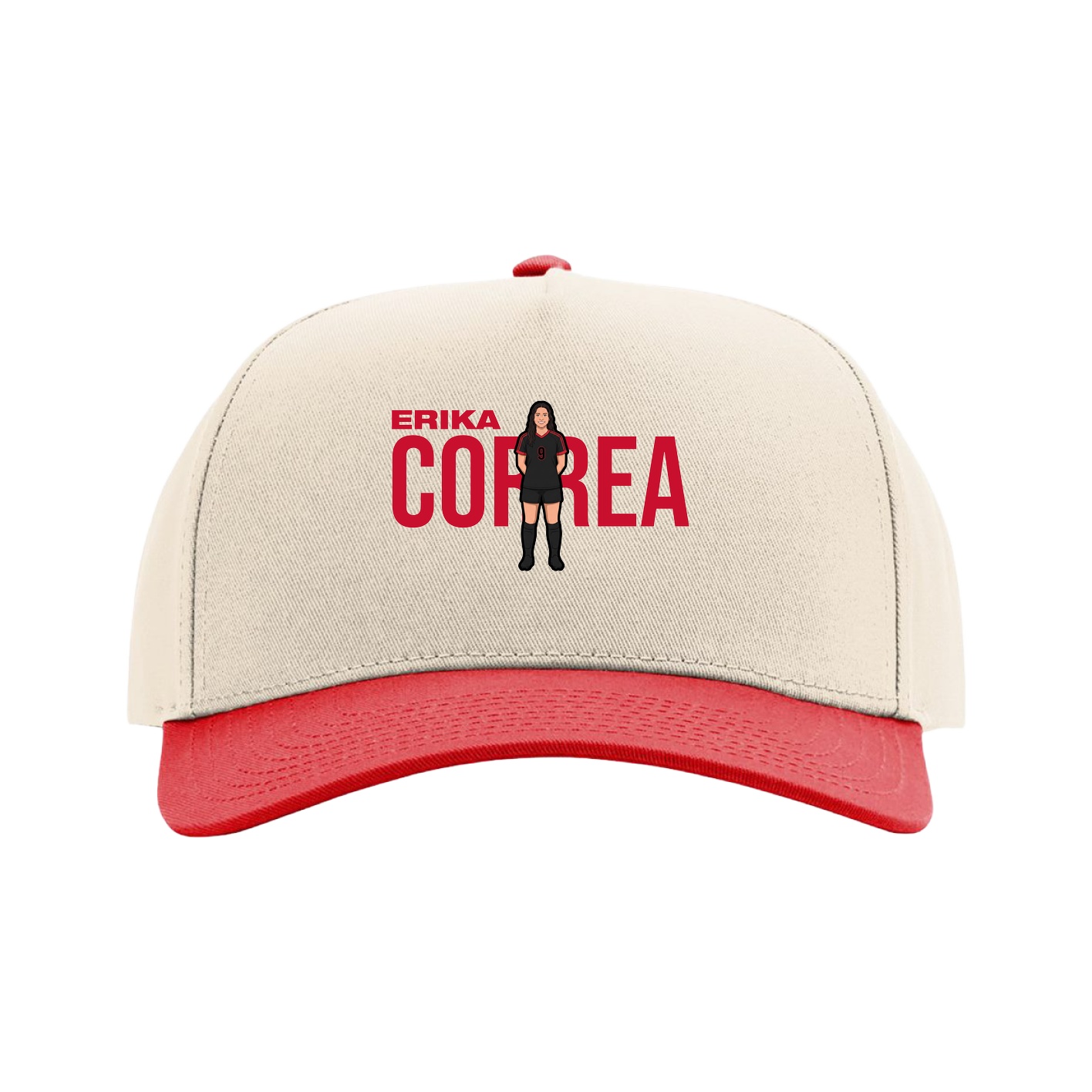 Full Fabric Five-Panel Champ Cap — Player Name in Cream/Red