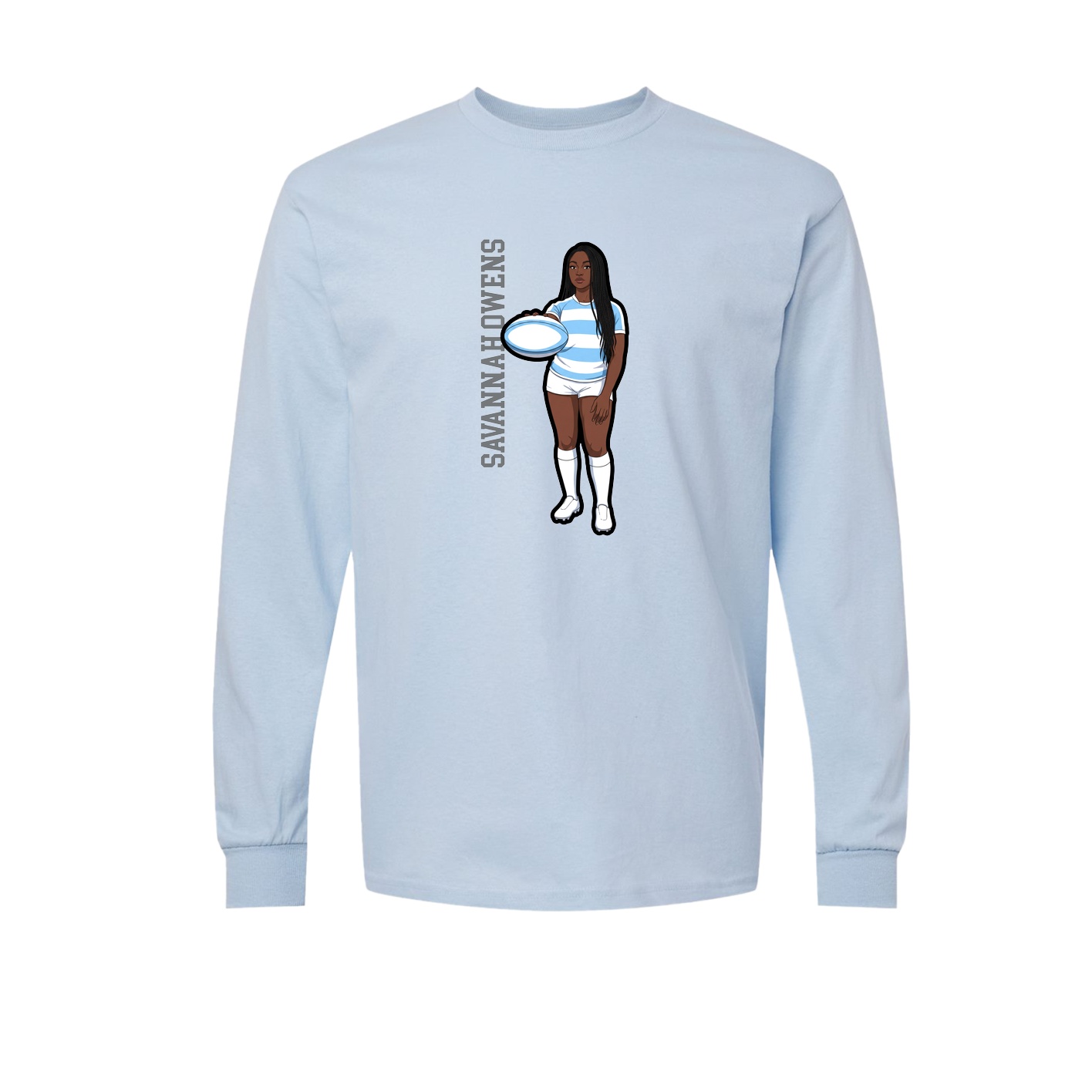 Long Sleeve Tee — Name Vertical in Light Blue