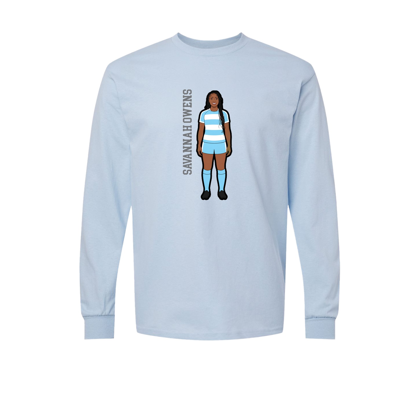 Long Sleeve Tee — Name Vertical in Light Blue
