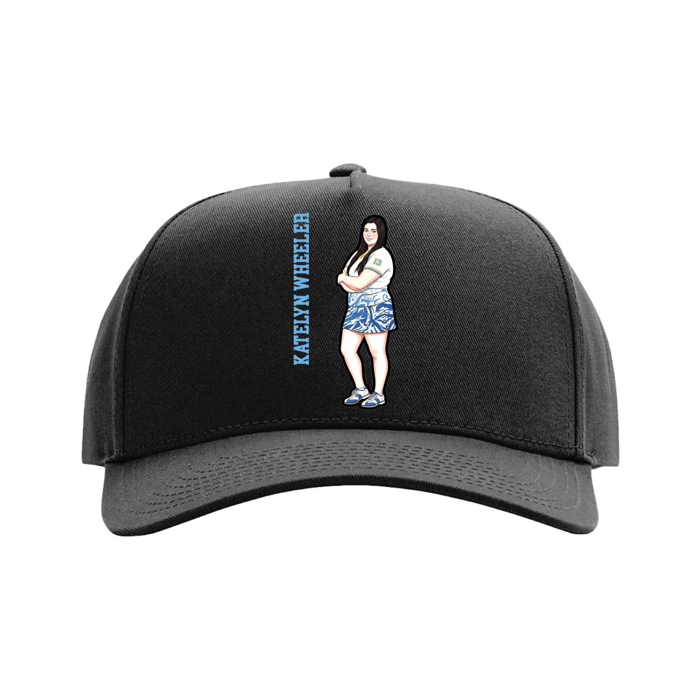 Full Fabric Five-Panel Champ Cap — Name Vertical in Black