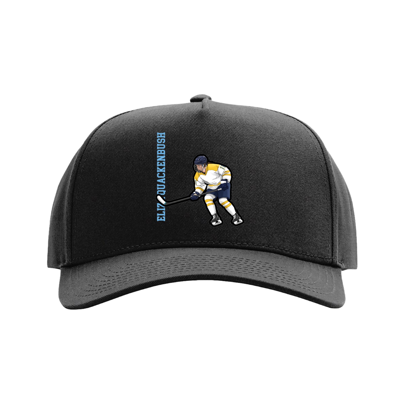 Full Fabric Five-Panel Champ Cap — Name Vertical in Black