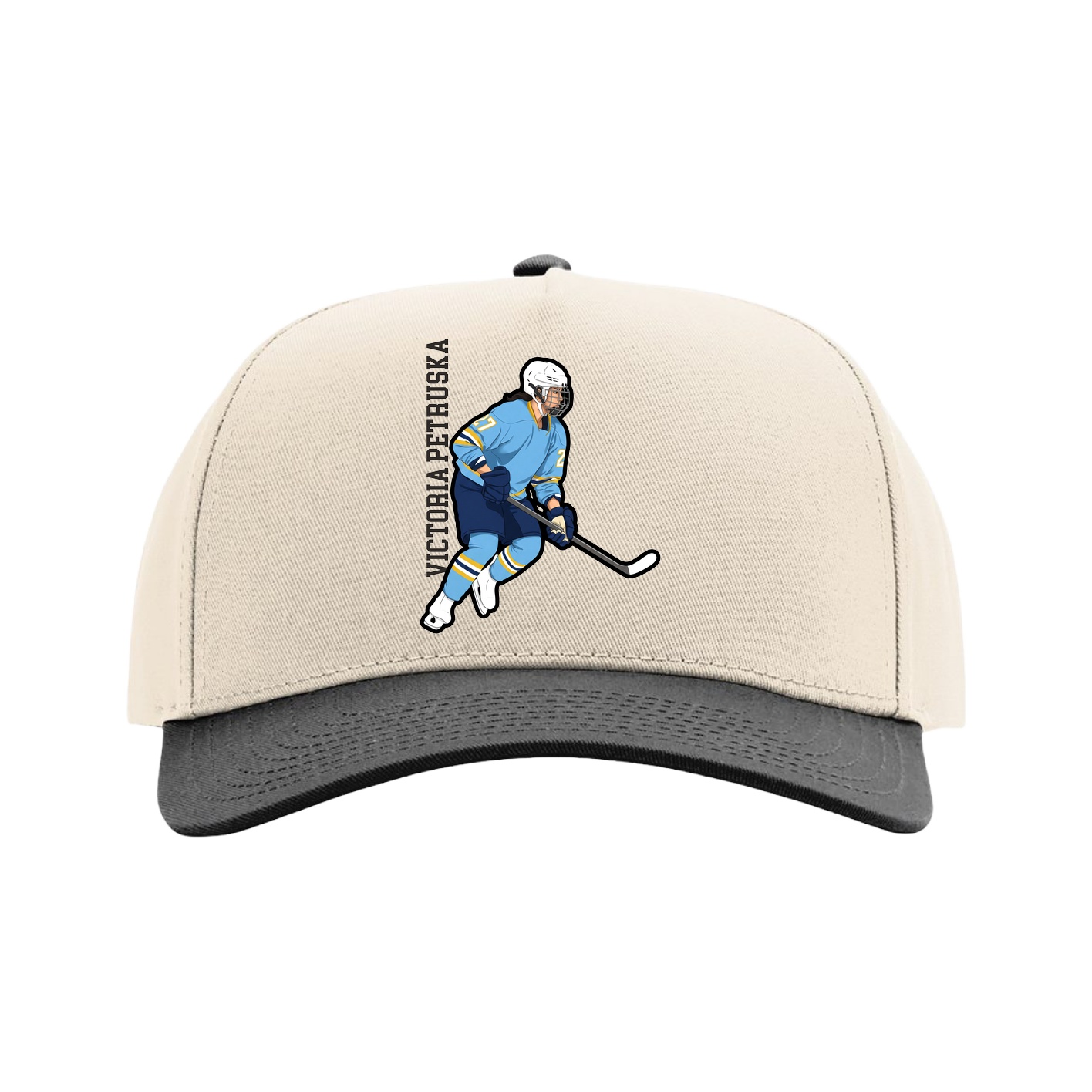 Full Fabric Five-Panel Champ Cap — Name Vertical in Cream/Black