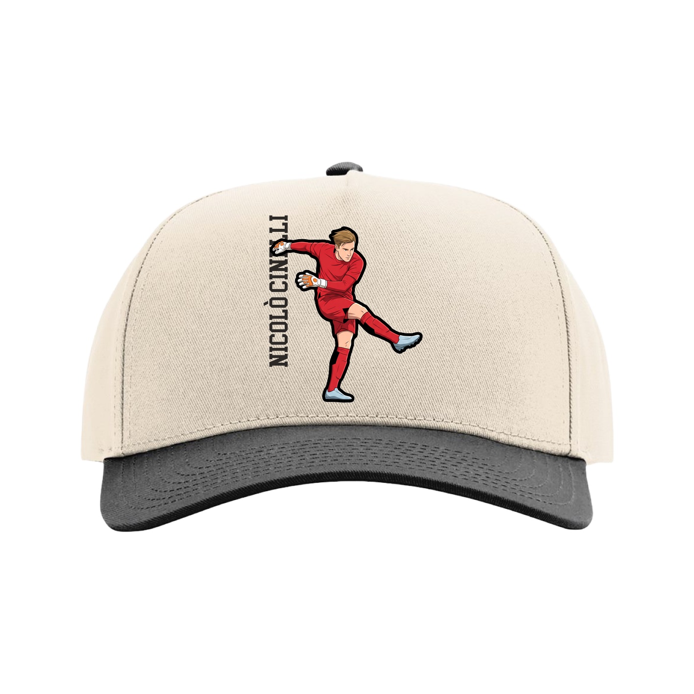 Full Fabric Five-Panel Champ Cap — Name Vertical in Cream/Black