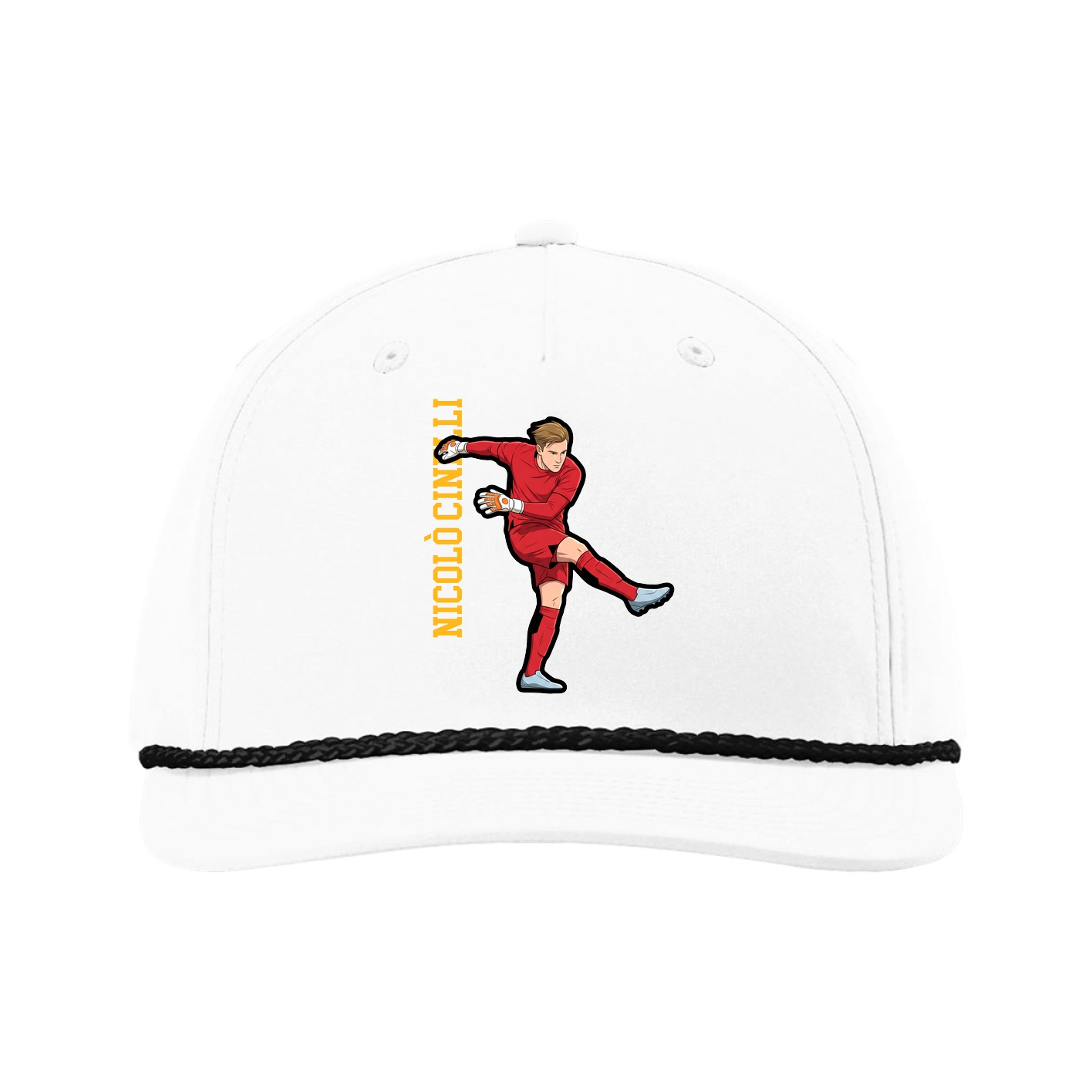 Five-Panel Classic Rope Cap — Name Vertical in White