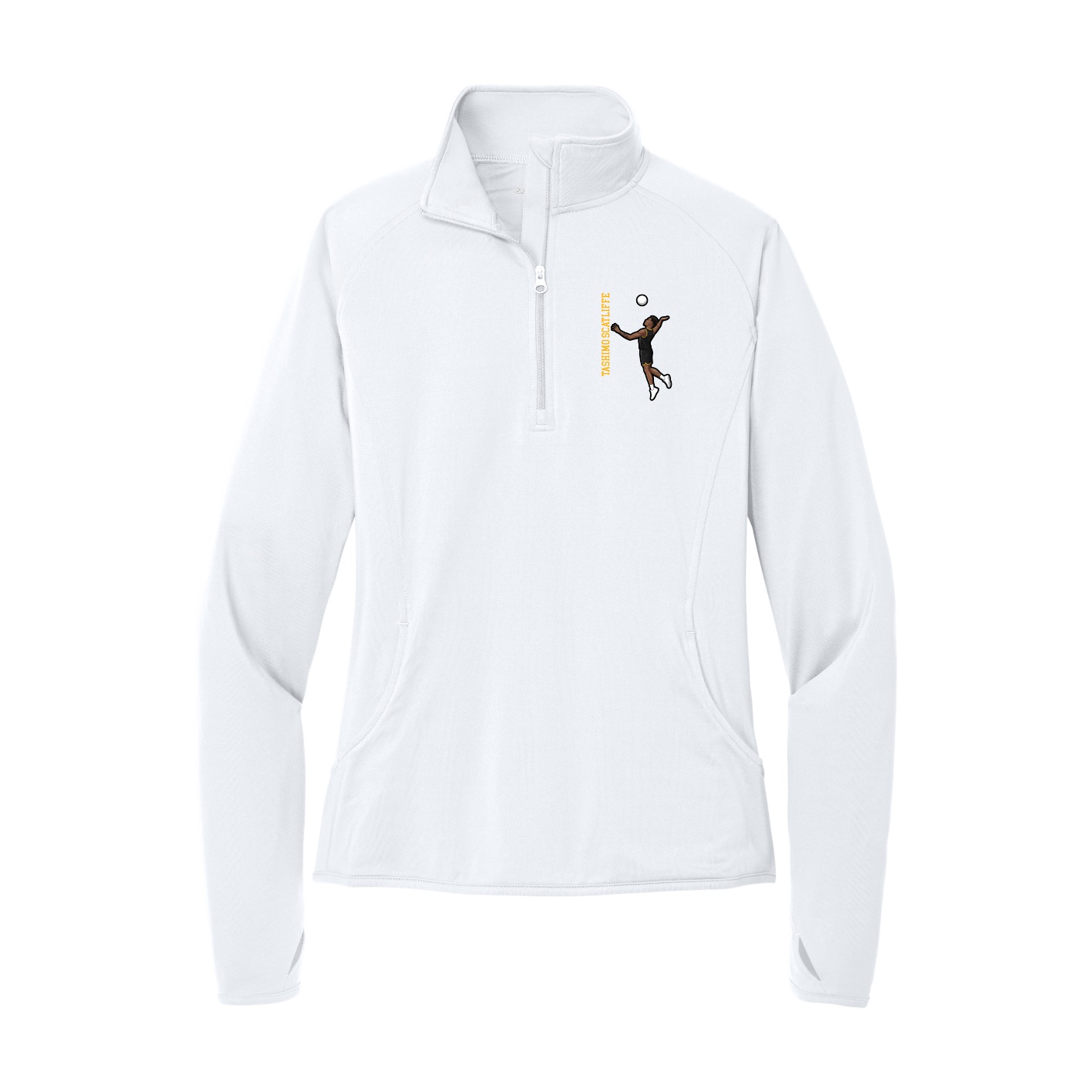 Women's Q-Zip Pullover — Name Vertical in White