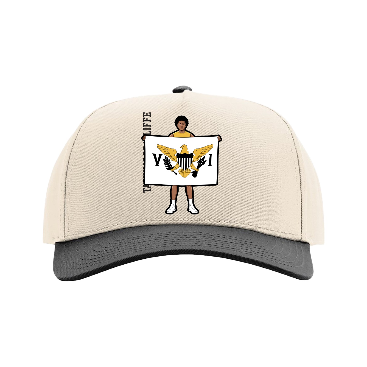 Full Fabric Five-Panel Champ Cap — Name Vertical in Cream/Black