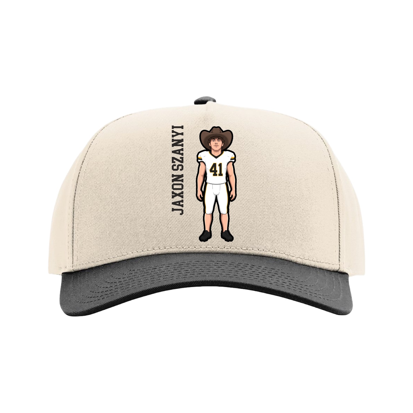 Full Fabric Five-Panel Champ Cap — Name Vertical in Cream/Black