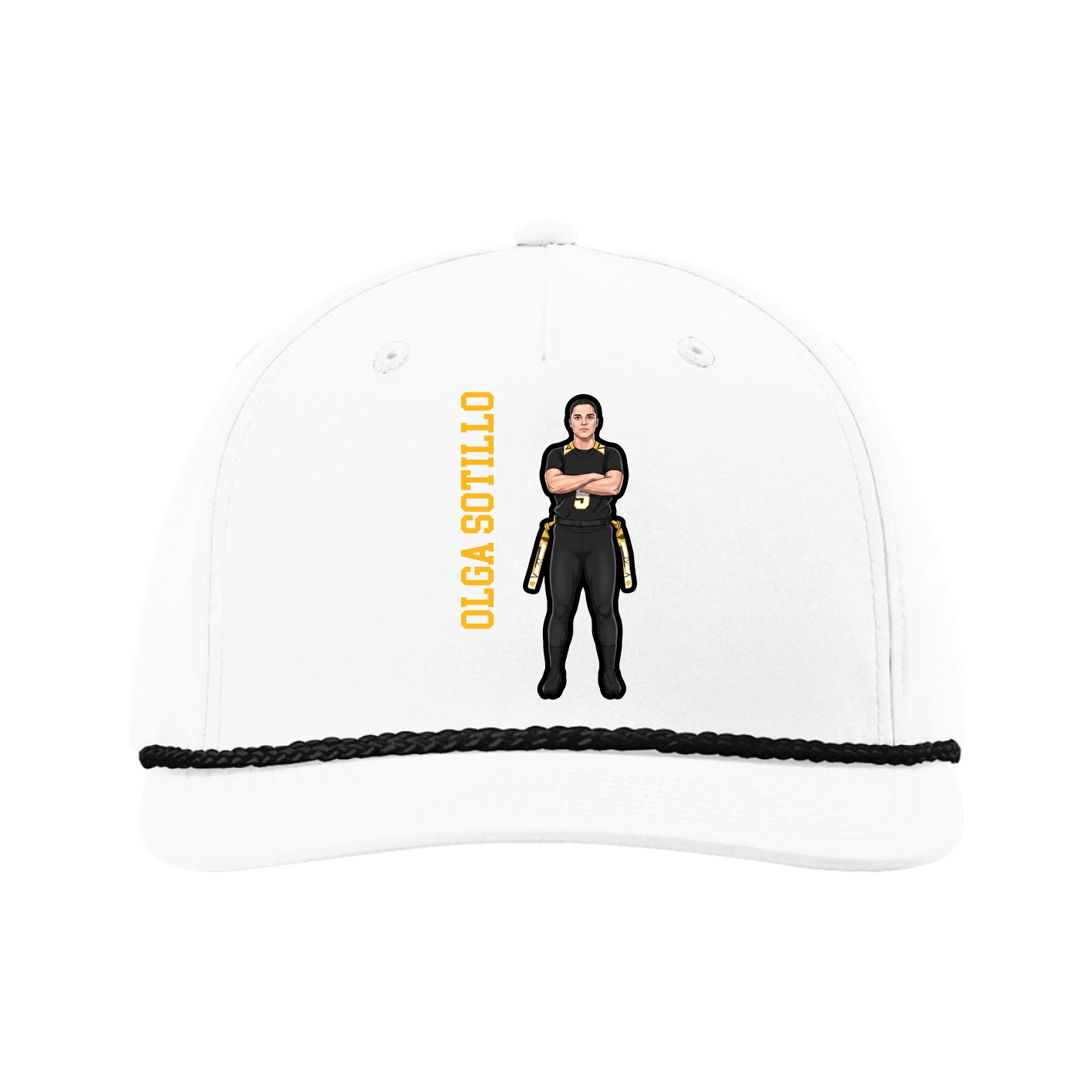 Five-Panel Classic Rope Cap — Name Vertical in White