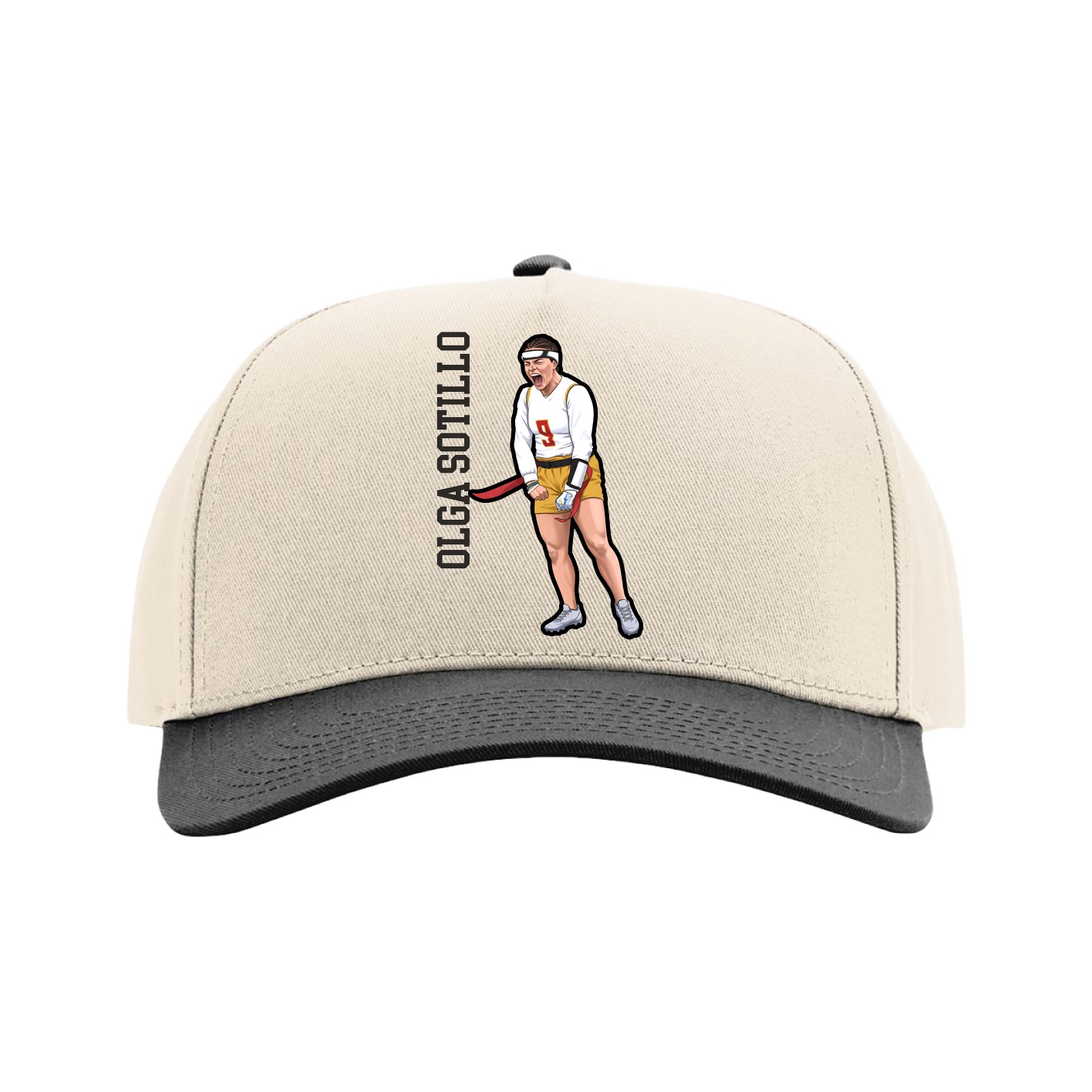 Full Fabric Five-Panel Champ Cap — Name Vertical in Cream/Black