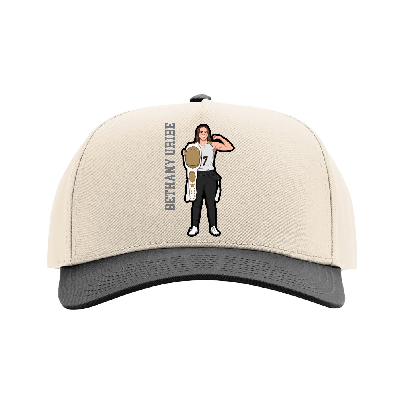 Full Fabric Five-Panel Champ Cap — Name Vertical in Cream/Black