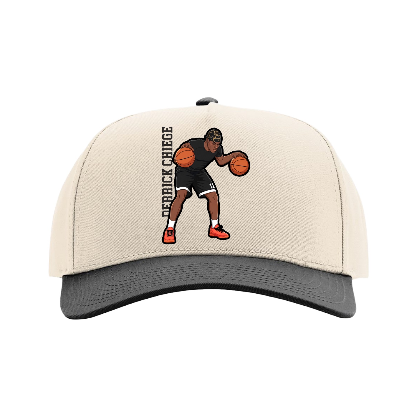 Full Fabric Five-Panel Champ Cap — Name Vertical in Cream/Black