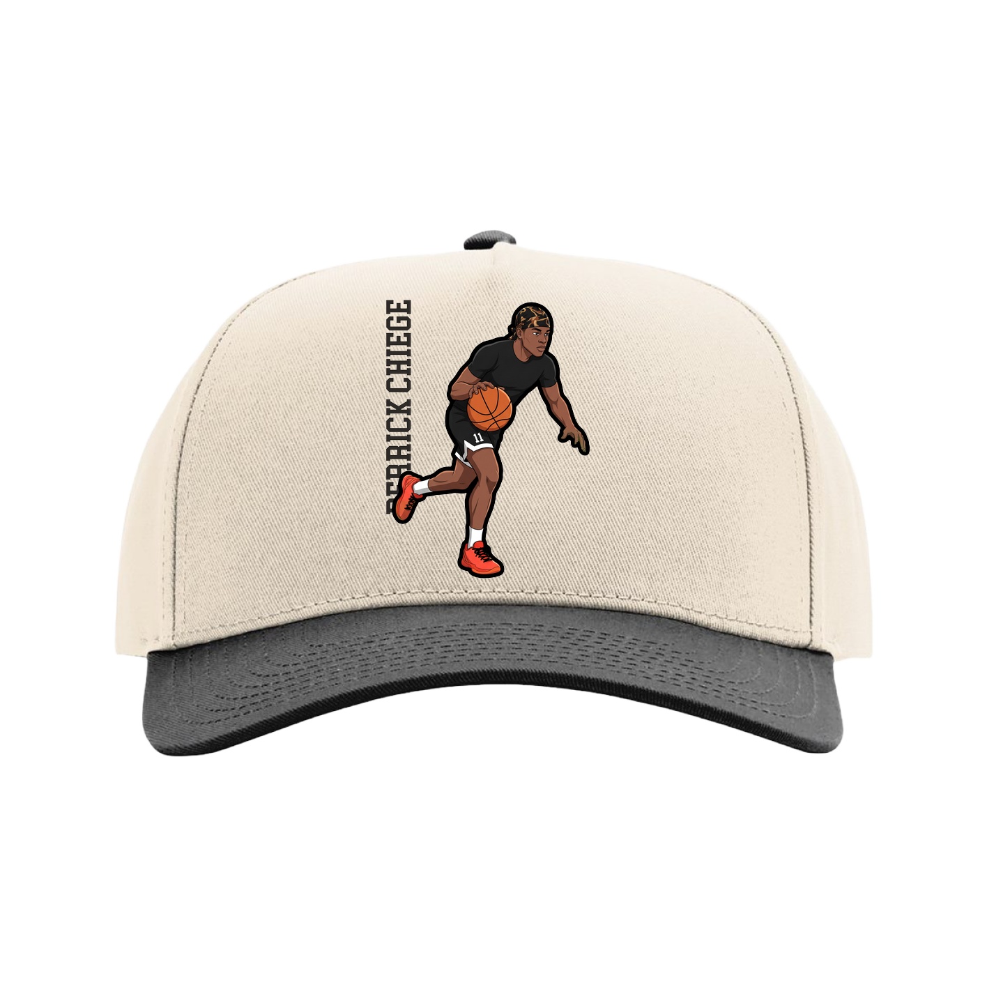 Full Fabric Five-Panel Champ Cap — Name Vertical in Cream/Black
