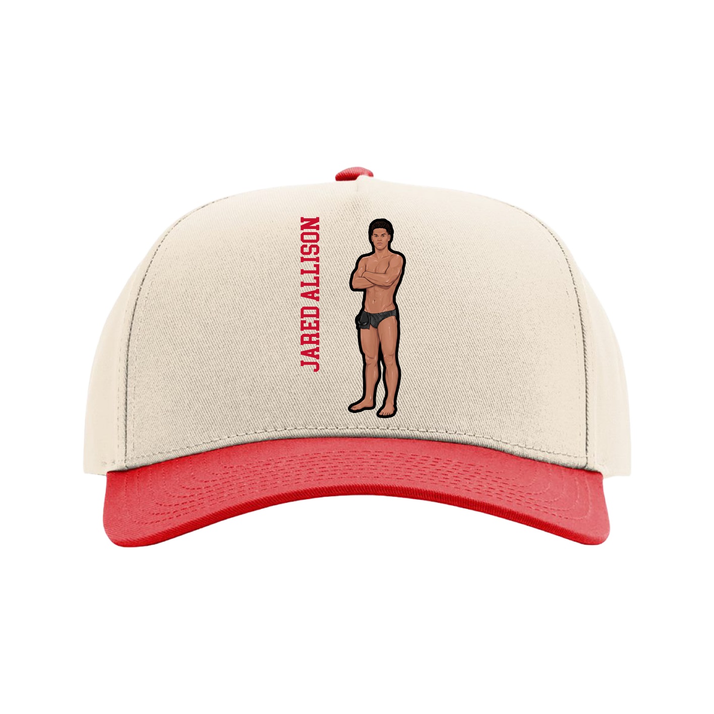 Full Fabric Five-Panel Champ Cap — Name Vertical in Cream/Red
