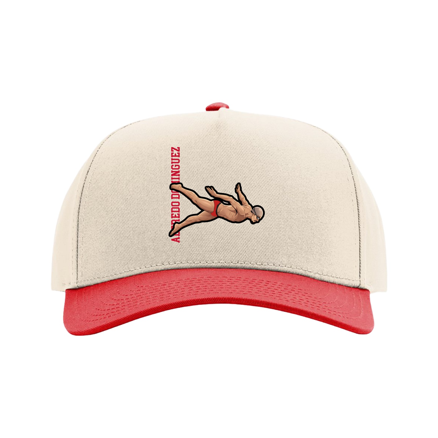 Full Fabric Five-Panel Champ Cap — Name Vertical in Cream/Red