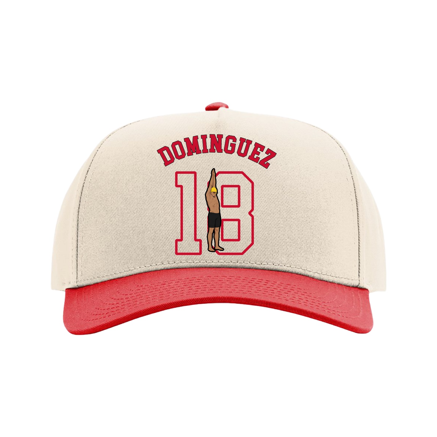 Full Fabric Five-Panel Champ Cap — Shirsey Arch in Cream/Red