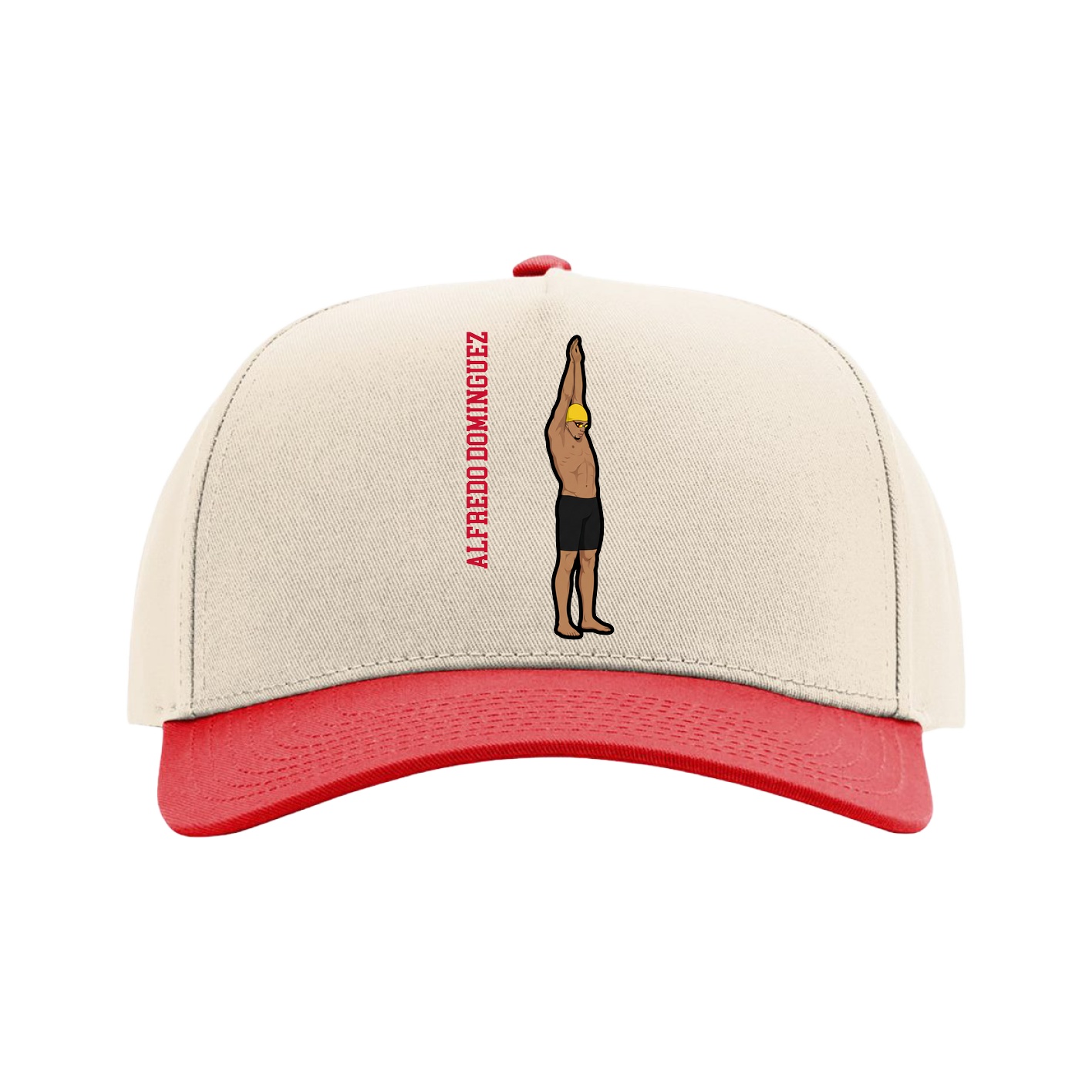 Full Fabric Five-Panel Champ Cap — Name Vertical in Cream/Red