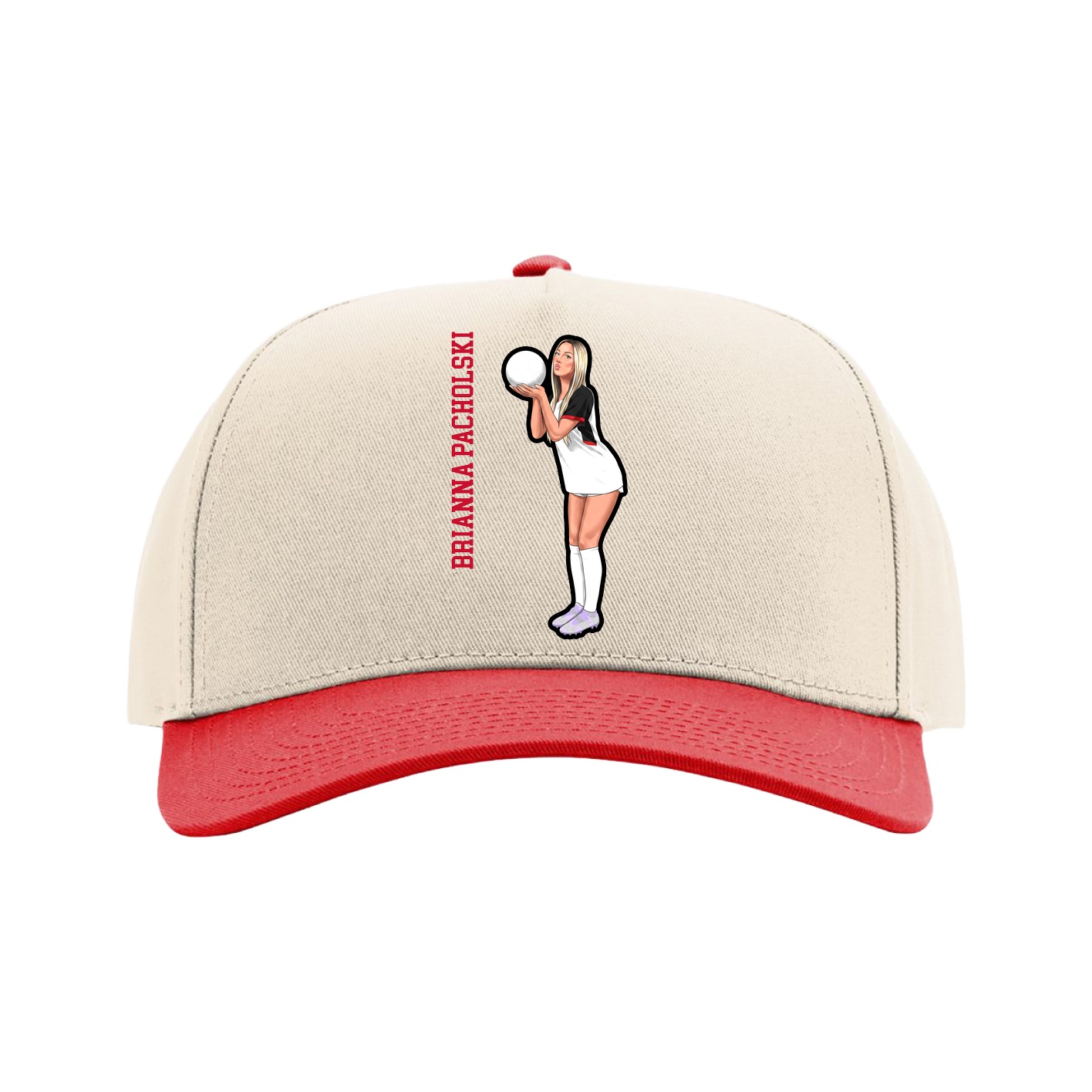Full Fabric Five-Panel Champ Cap — Name Vertical in Cream/Red