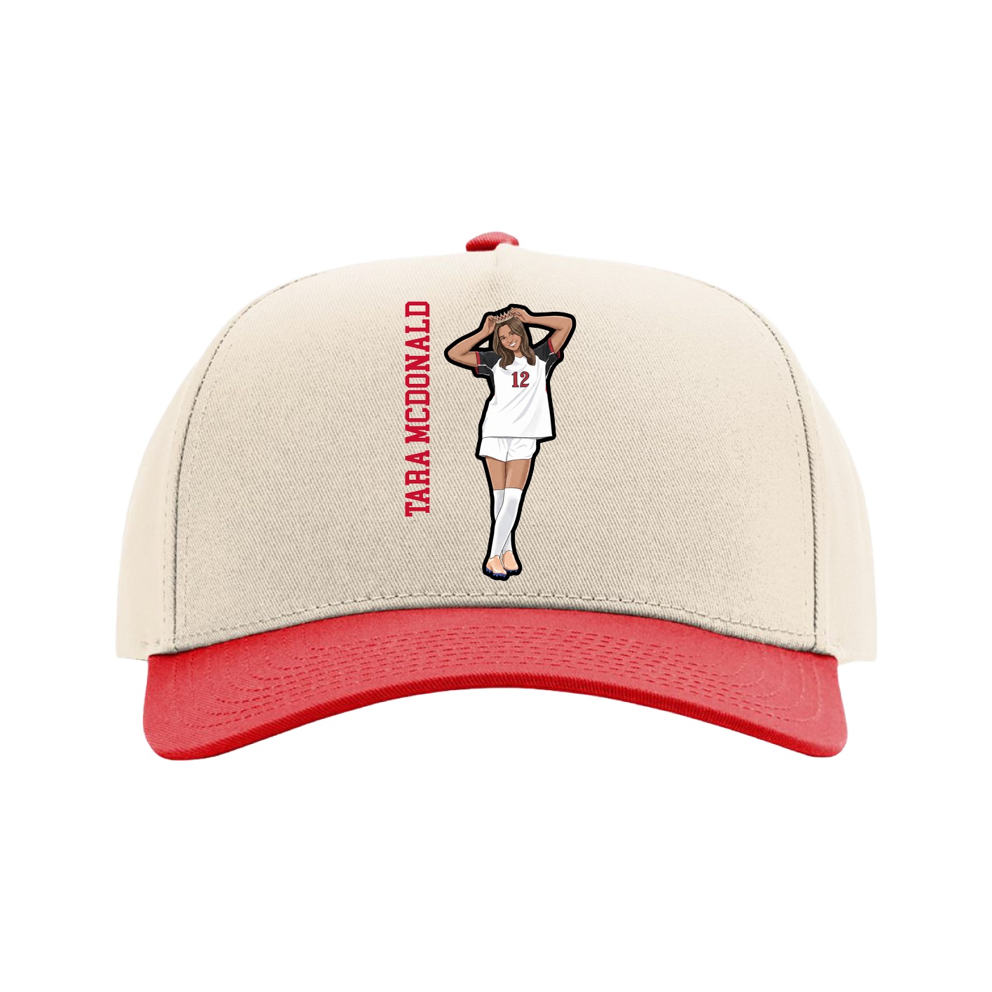 Full Fabric Five-Panel Champ Cap — Name Vertical in Cream/Red