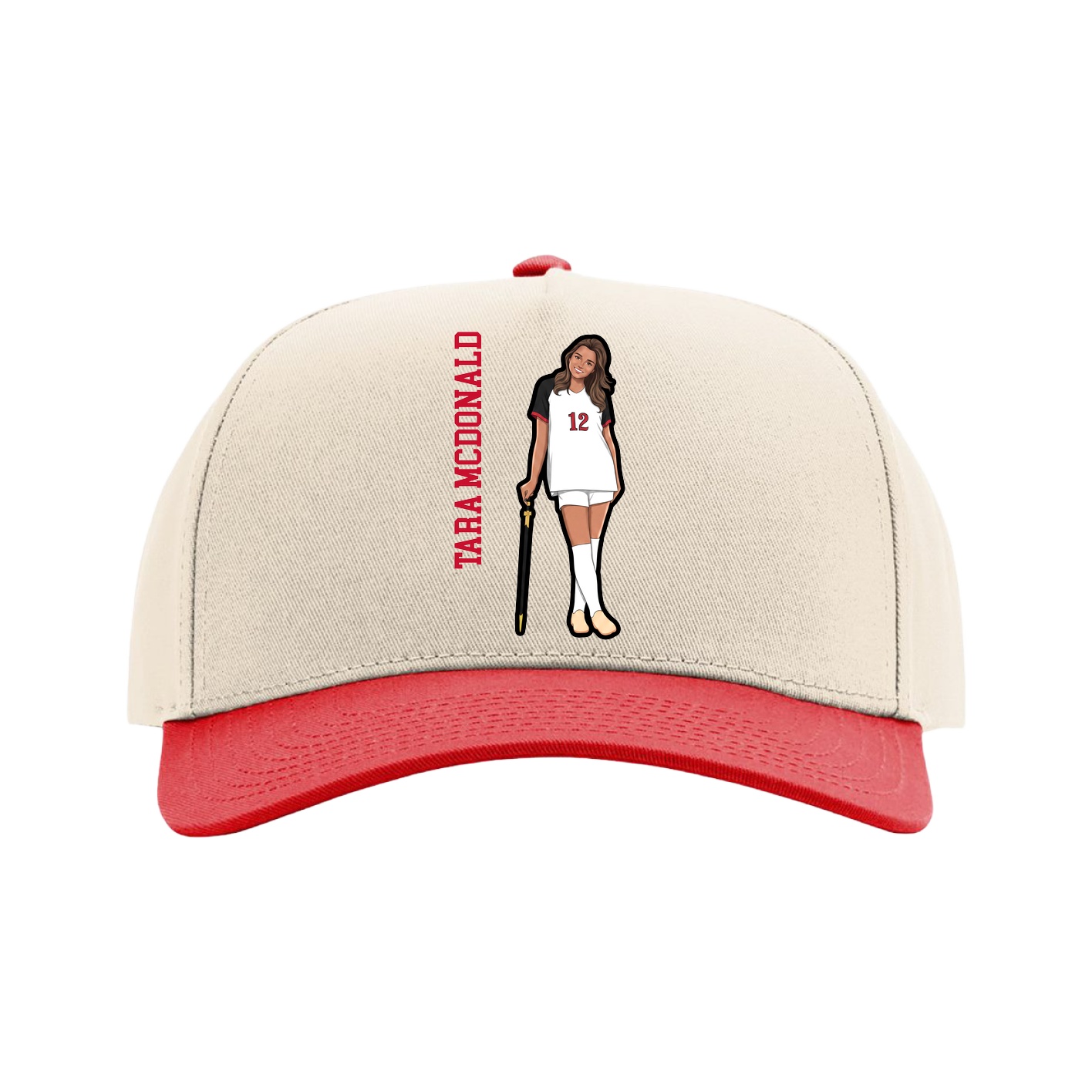 Full Fabric Five-Panel Champ Cap — Name Vertical in Cream/Red