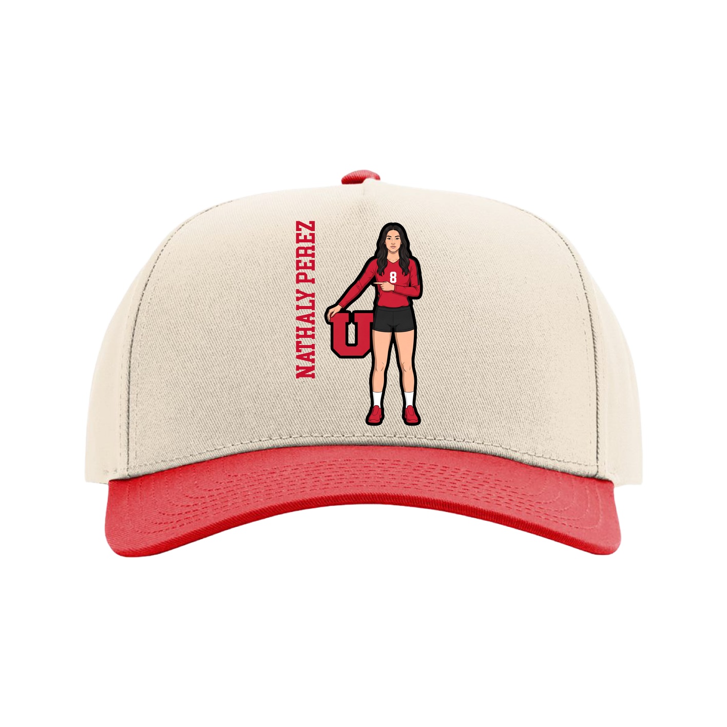Full Fabric Five-Panel Champ Cap — Name Vertical in Cream/Red