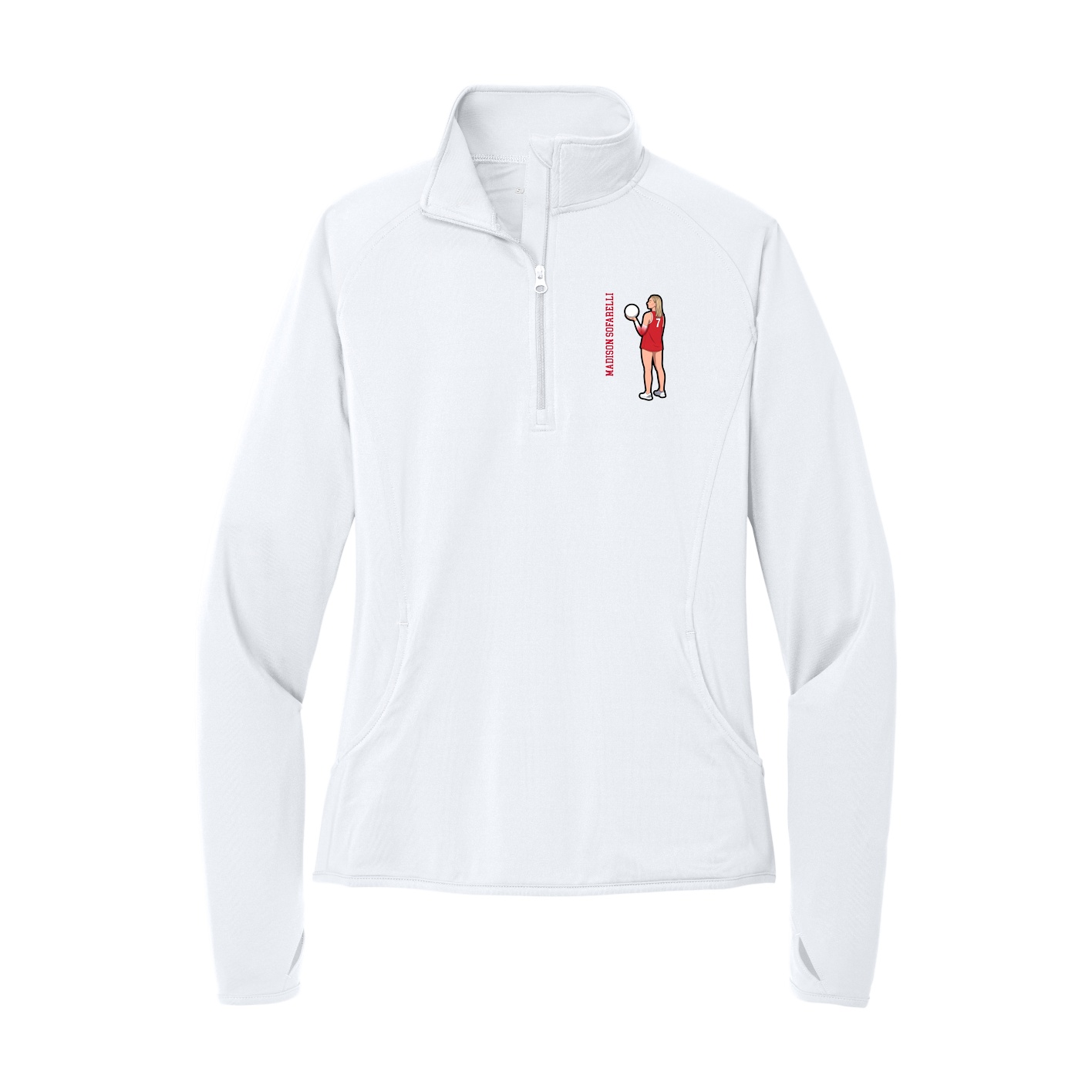 Women's Q-Zip Pullover — Name Vertical in White