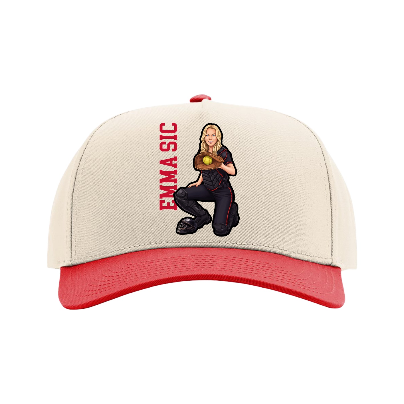 Full Fabric Five-Panel Champ Cap — Name Vertical in Cream/Red