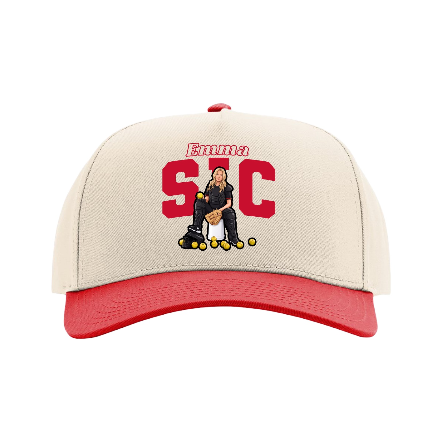 Full Fabric Five-Panel Champ Cap — Name Arch in Cream/Red